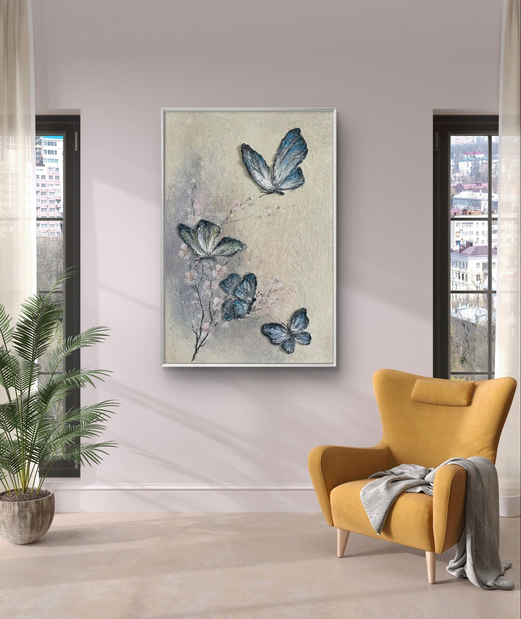 Modern butterfly abstract painting featuring blue and white butterflies fluttering on a soft beige and grey background, ideal for nature-themed decor.