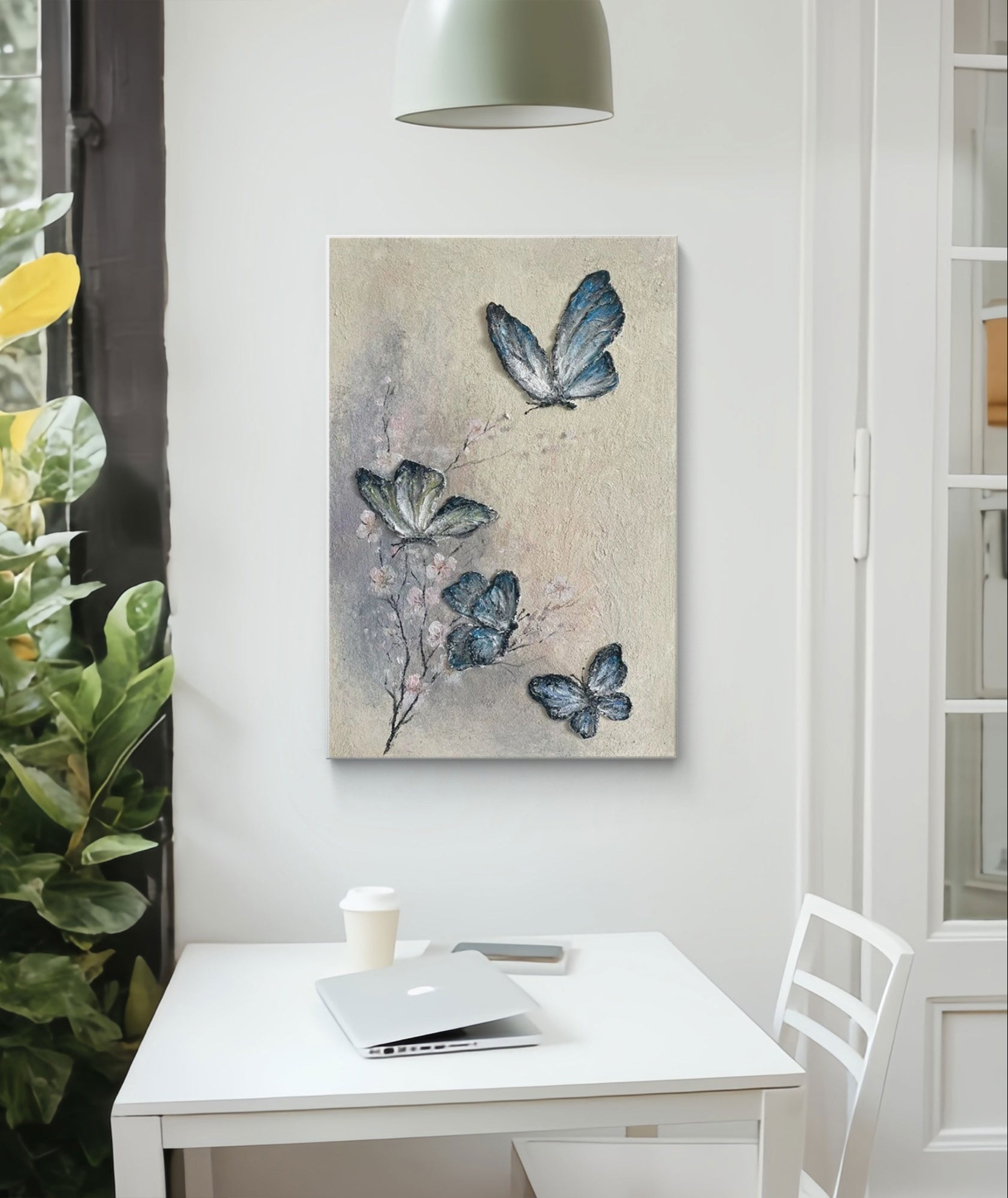 Modern butterfly abstract painting featuring blue and white butterflies fluttering on a soft beige and grey background, ideal for nature-themed decor.