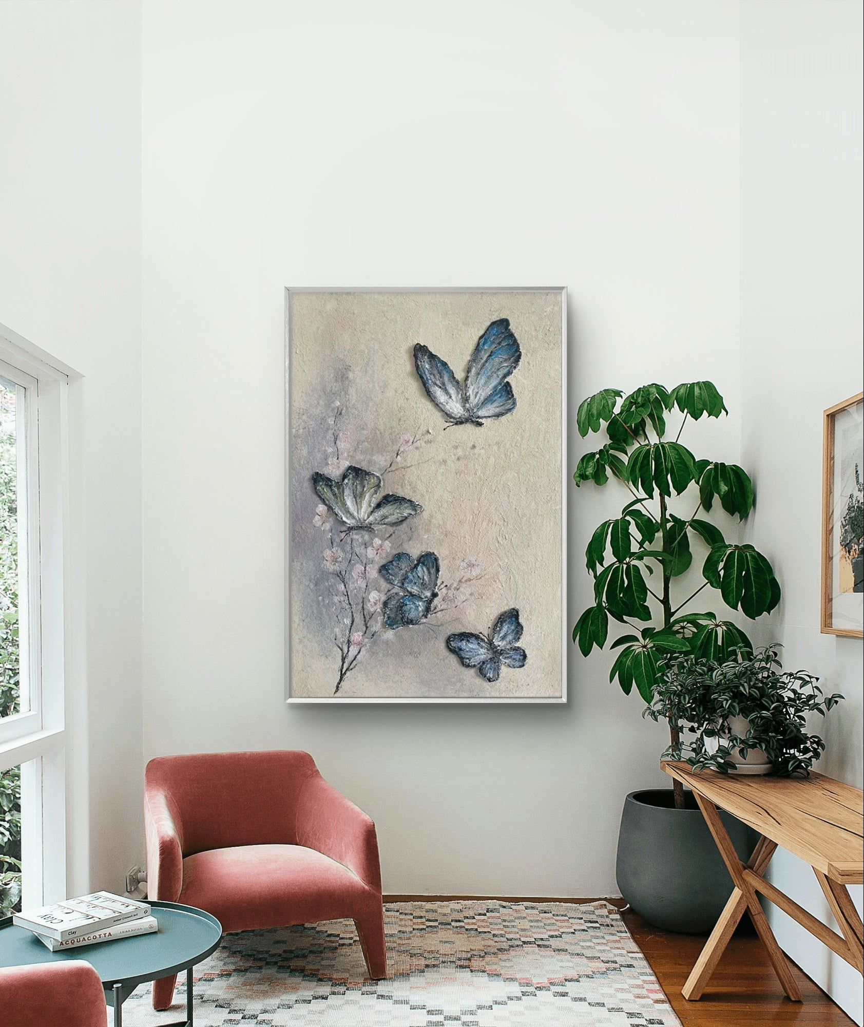 Modern butterfly abstract painting featuring blue and white butterflies fluttering on a soft beige and grey background, ideal for nature-themed decor.