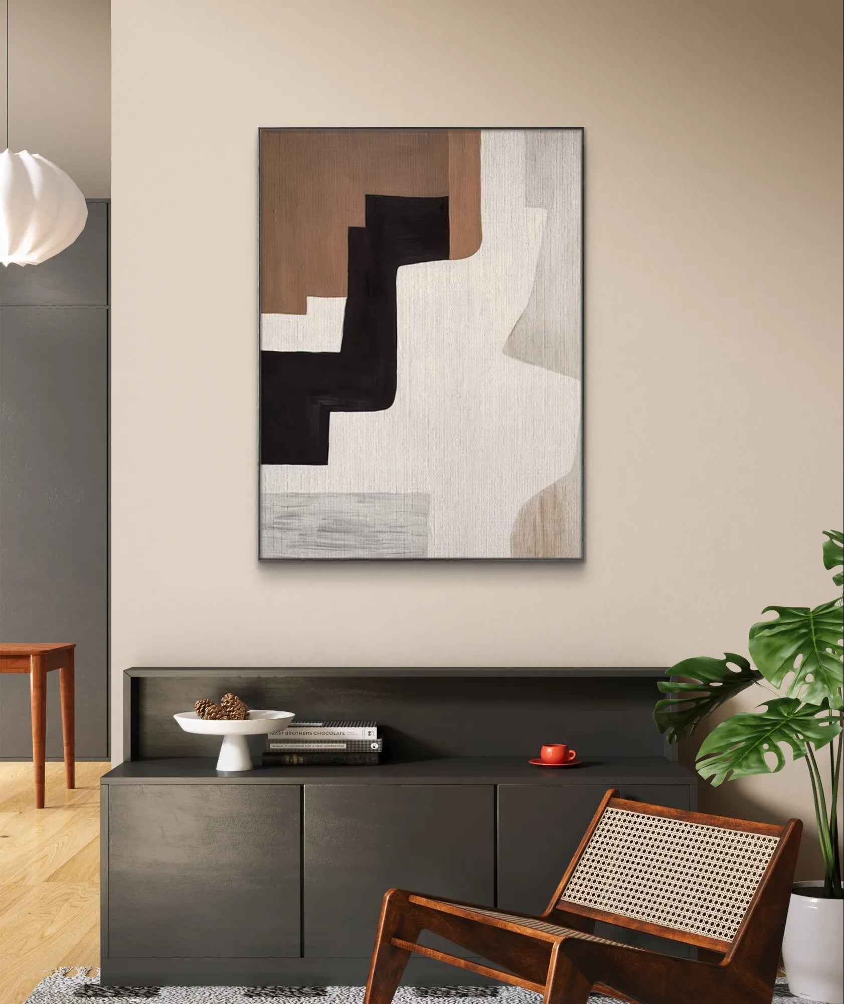 Contemporary Abstract Painting in Modern Living Space with Plants