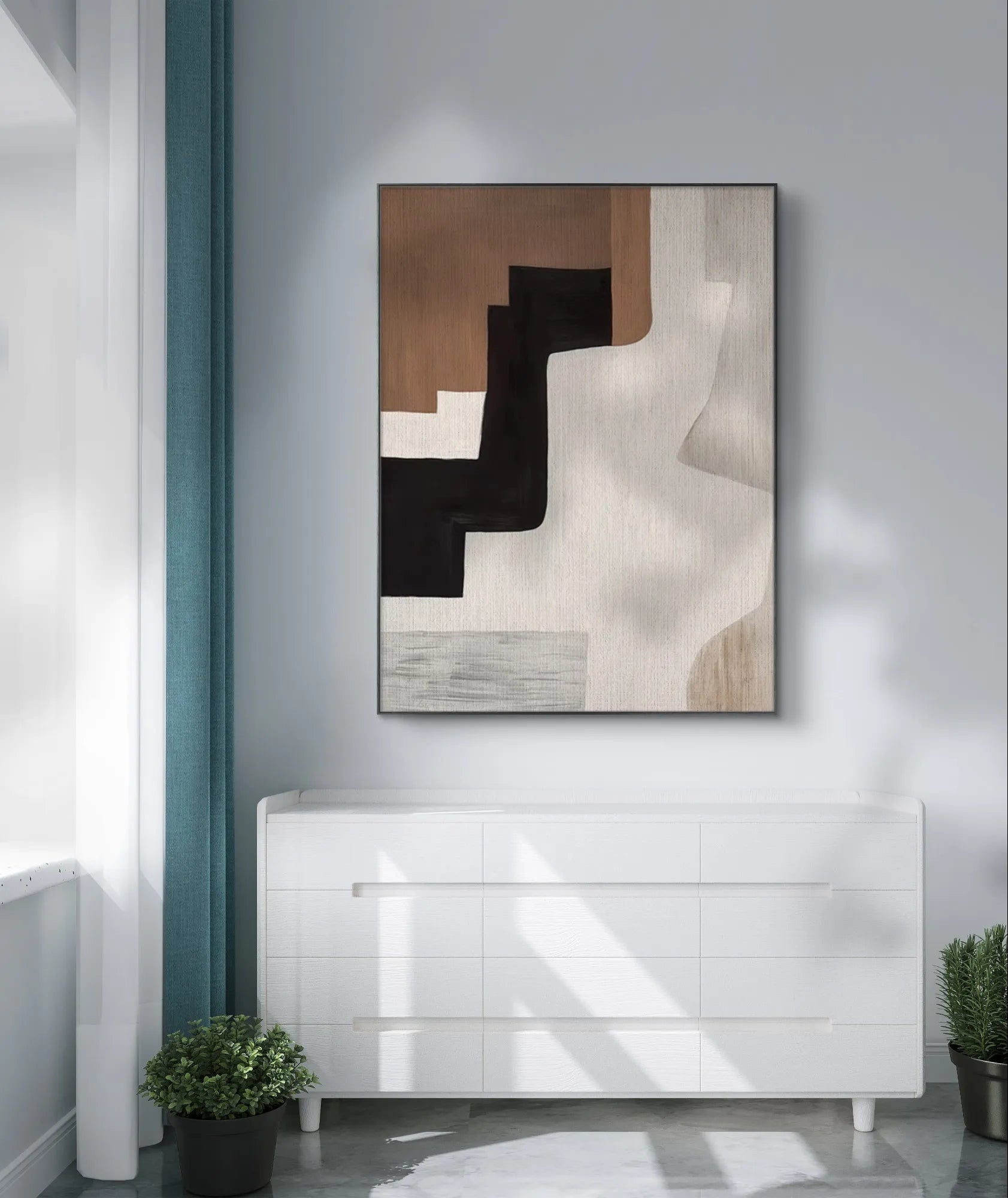 Contemporary Abstract Painting in Modern Living Space with Plants