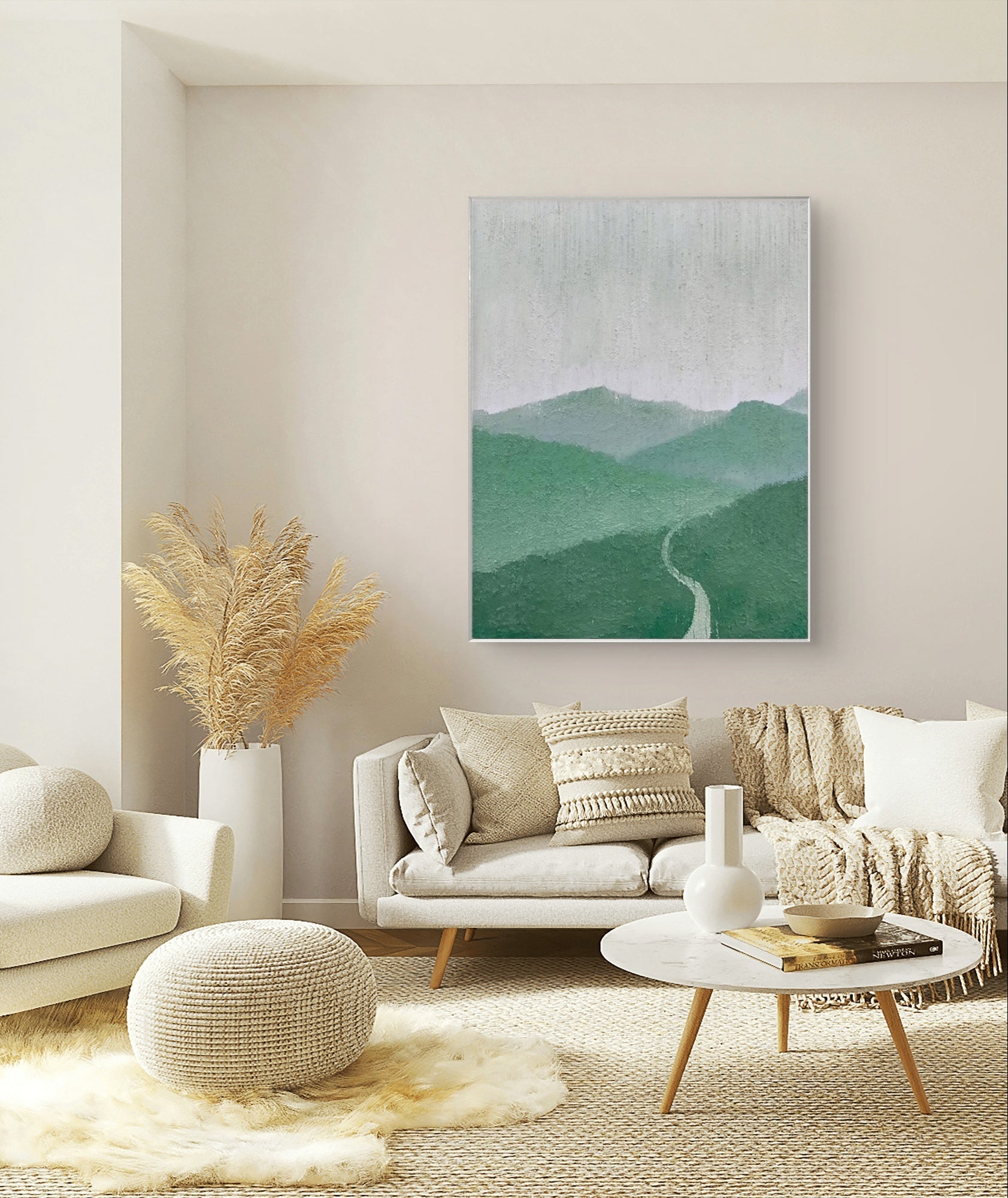 Green minimalist mountain landscape painting featuring a winding path and layered mountains, with soft green and grey tones, ideal for modern decor.