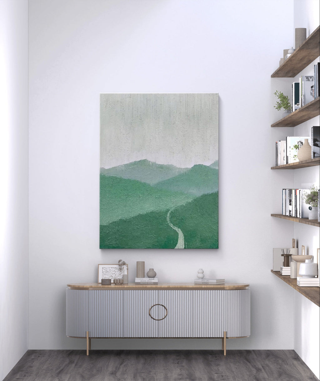 Green minimalist mountain landscape painting featuring a winding path and layered mountains, with soft green and grey tones, ideal for modern decor.