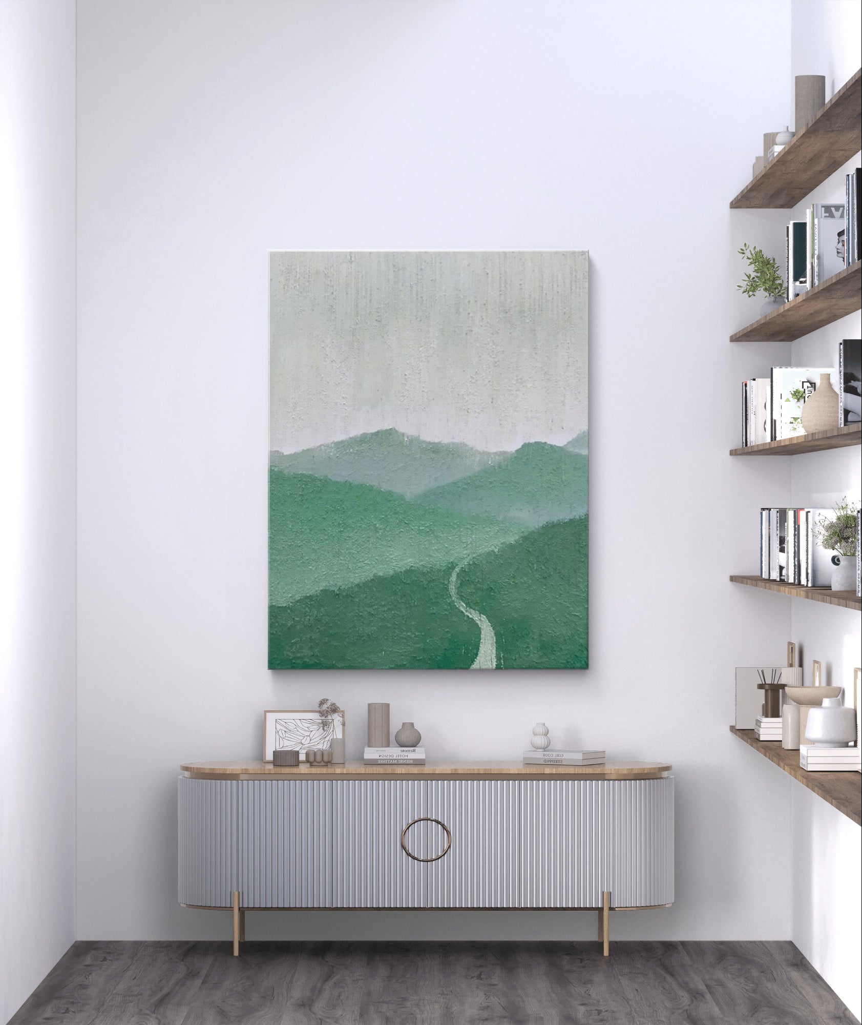 Green minimalist mountain landscape painting featuring a winding path and layered mountains, with soft green and grey tones, ideal for modern decor.
