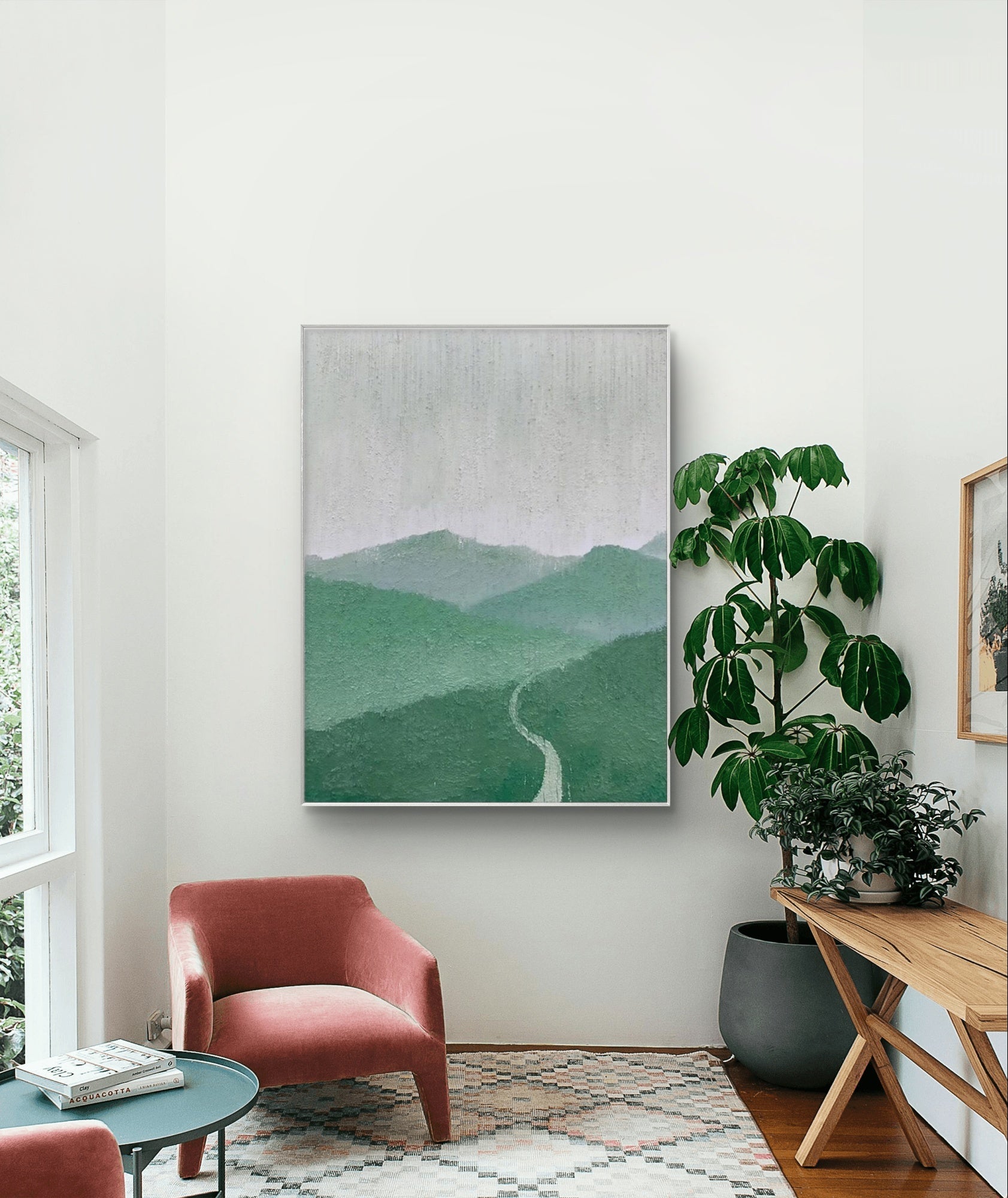 Green minimalist mountain landscape painting featuring a winding path and layered mountains, with soft green and grey tones, ideal for modern decor.