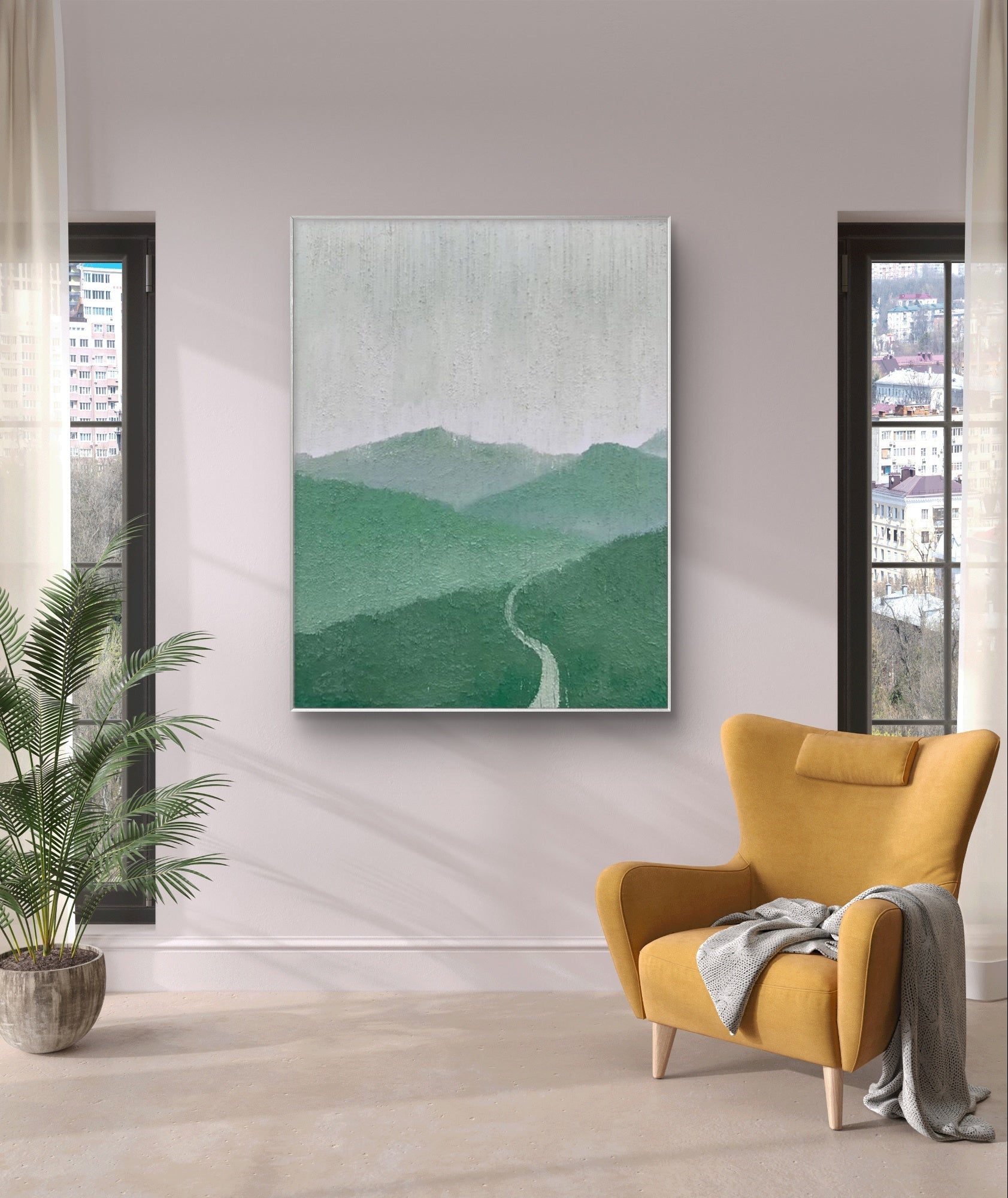 Green minimalist mountain landscape painting featuring a winding path and layered mountains, with soft green and grey tones, ideal for modern decor.