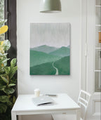 Green minimalist mountain landscape painting featuring a winding path and layered mountains, with soft green and grey tones, ideal for modern decor.