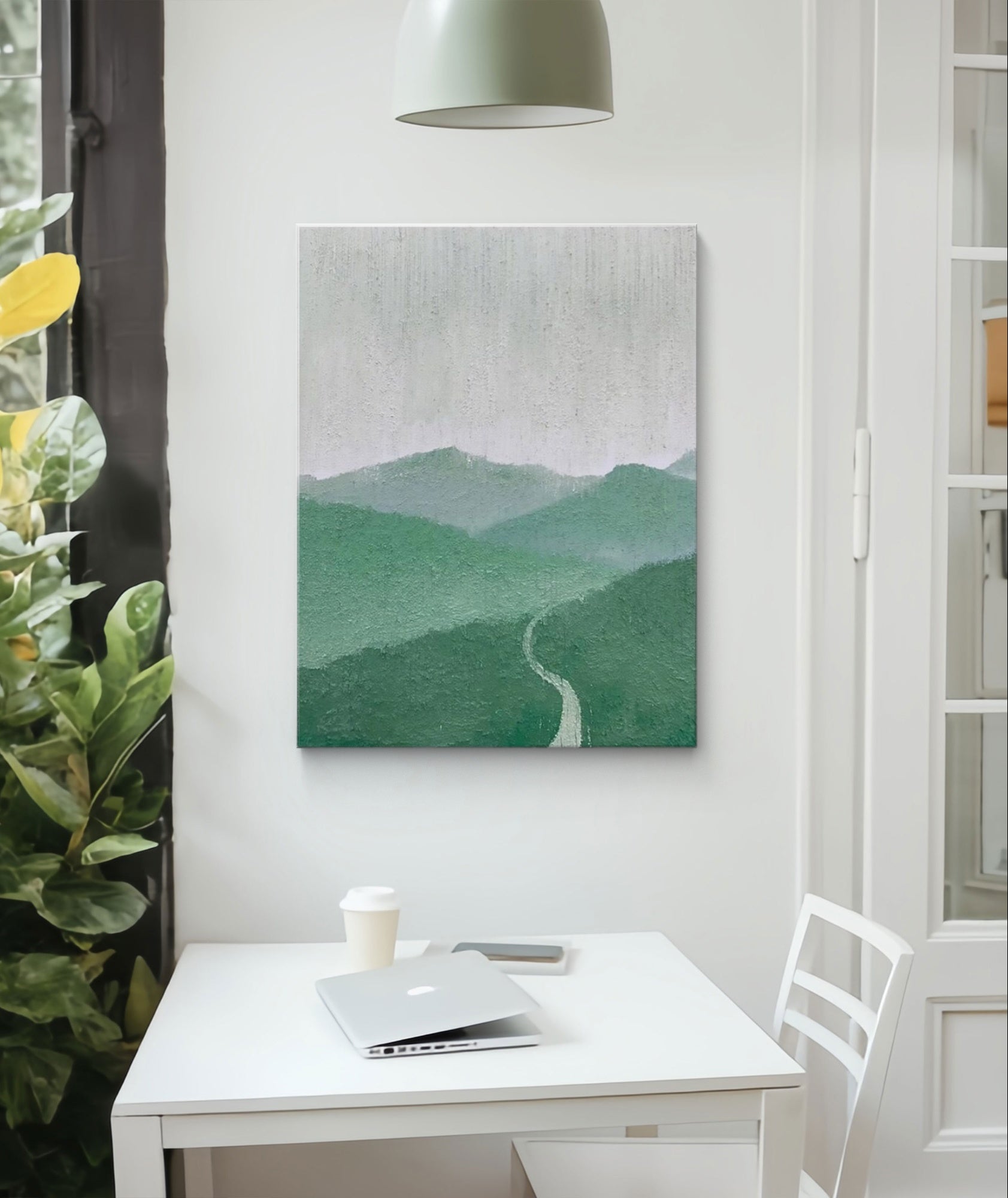 Green minimalist mountain landscape painting featuring a winding path and layered mountains, with soft green and grey tones, ideal for modern decor.