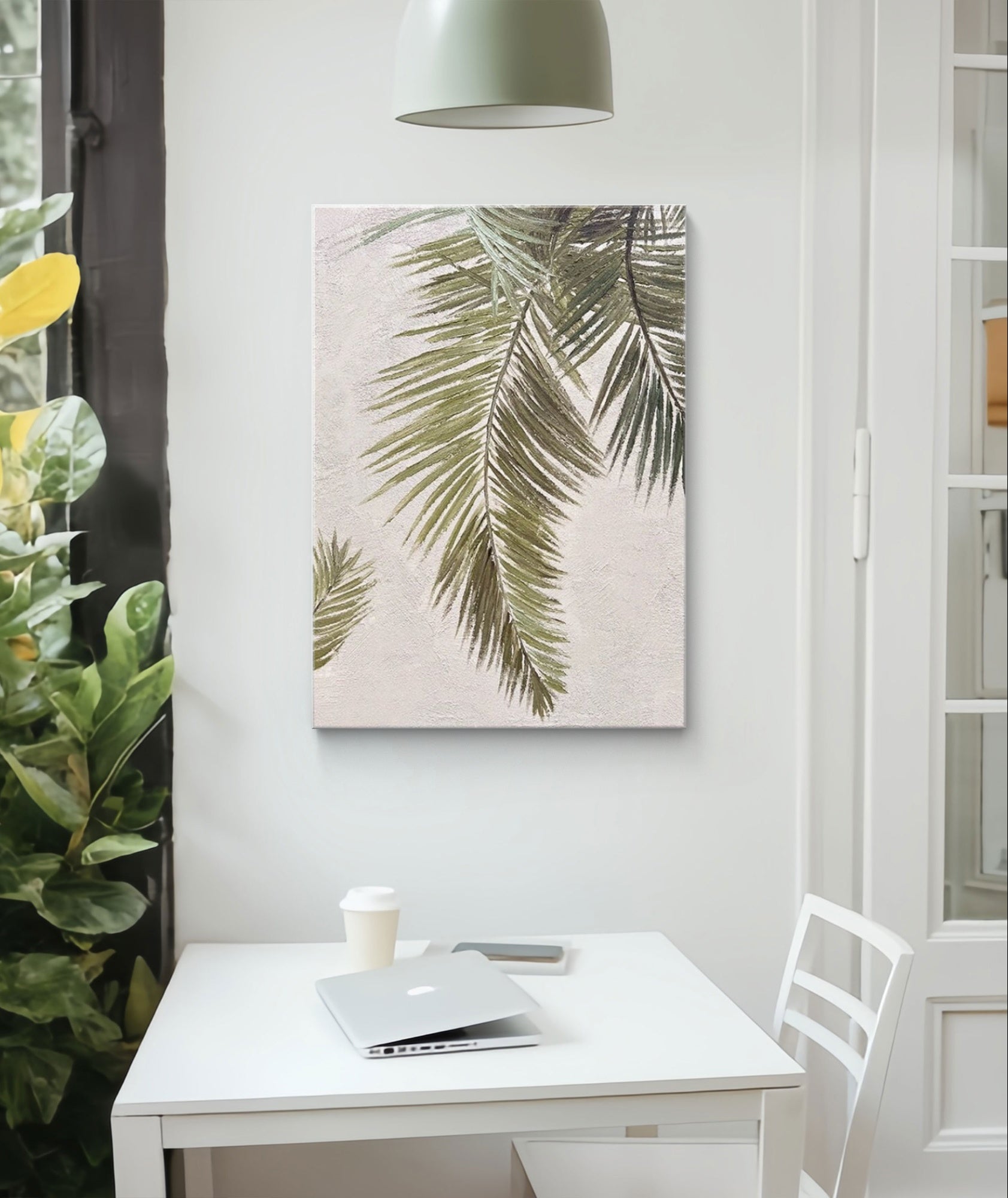 Palm leaf oil painting in modern and Wabi-Sabi style, featuring elegant palm leaves with soft green hues, showcasing the lightness and tranquility of nature. The textured background adds depth, creating a fresh and natural atmosphere. Ideal for modern and