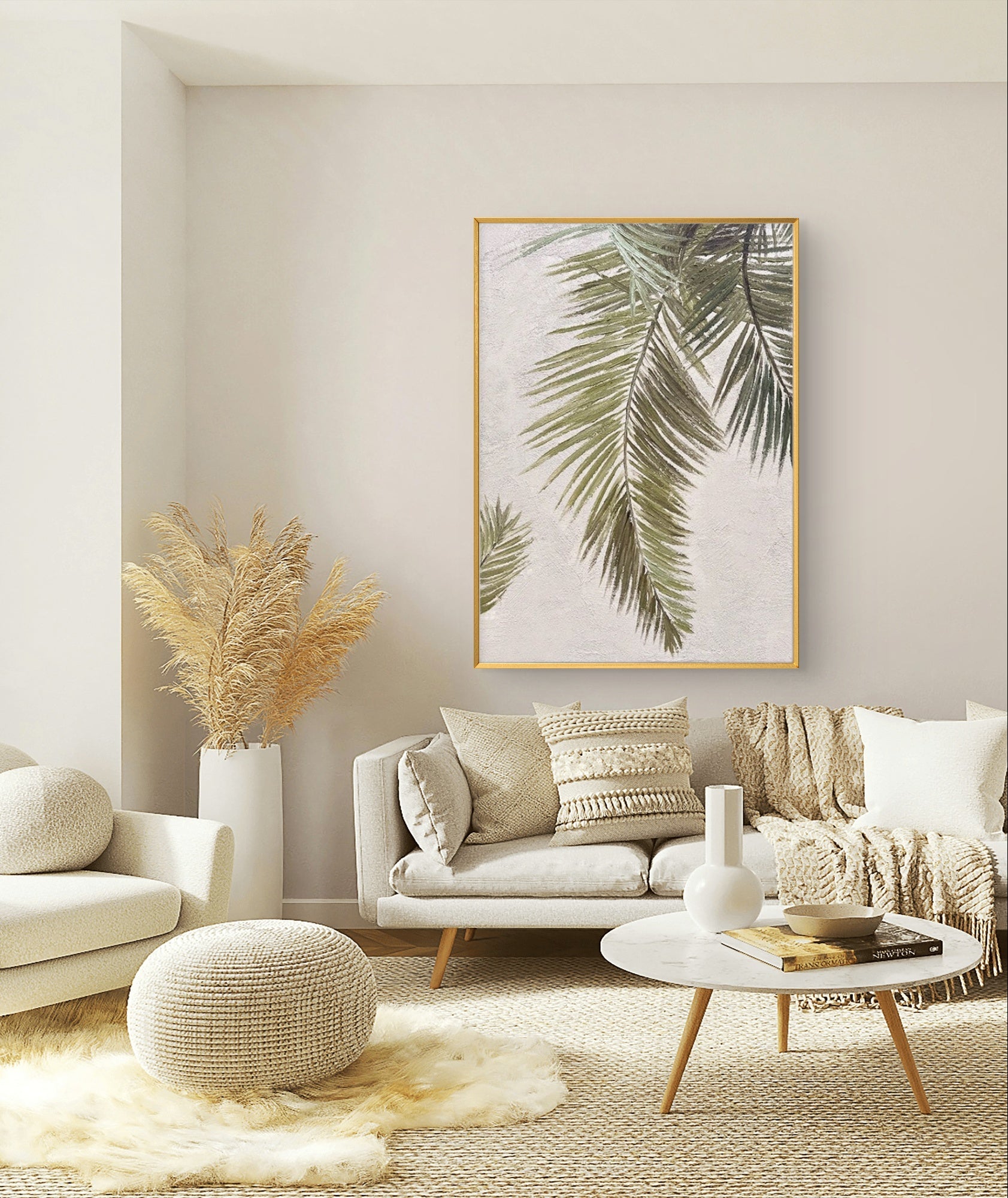 Palm leaf oil painting in modern and Wabi-Sabi style, featuring elegant palm leaves with soft green hues, showcasing the lightness and tranquility of nature. The textured background adds depth, creating a fresh and natural atmosphere. Ideal for modern and