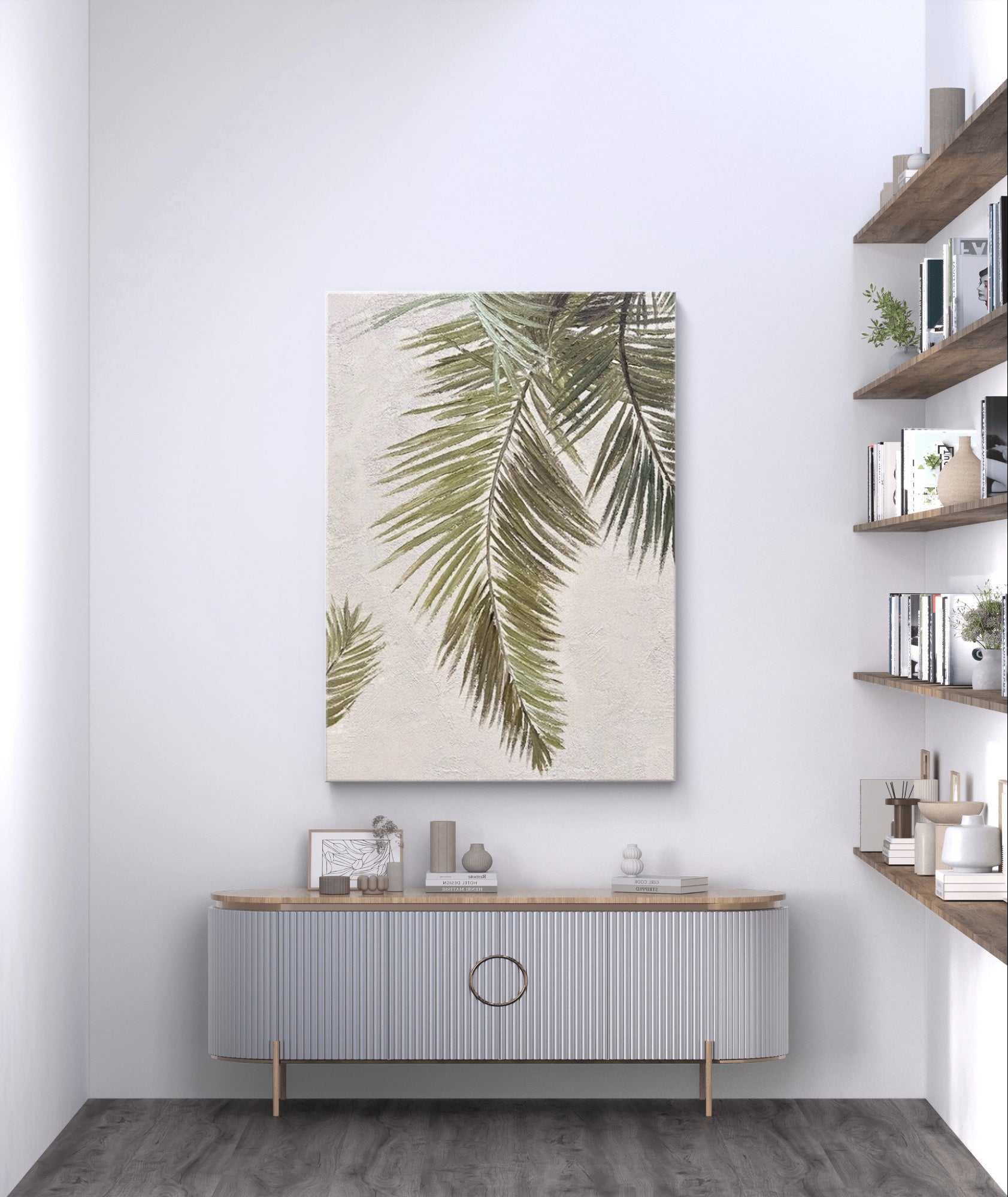 Palm leaf oil painting in modern and Wabi-Sabi style, featuring elegant palm leaves with soft green hues, showcasing the lightness and tranquility of nature. The textured background adds depth, creating a fresh and natural atmosphere. Ideal for modern and
