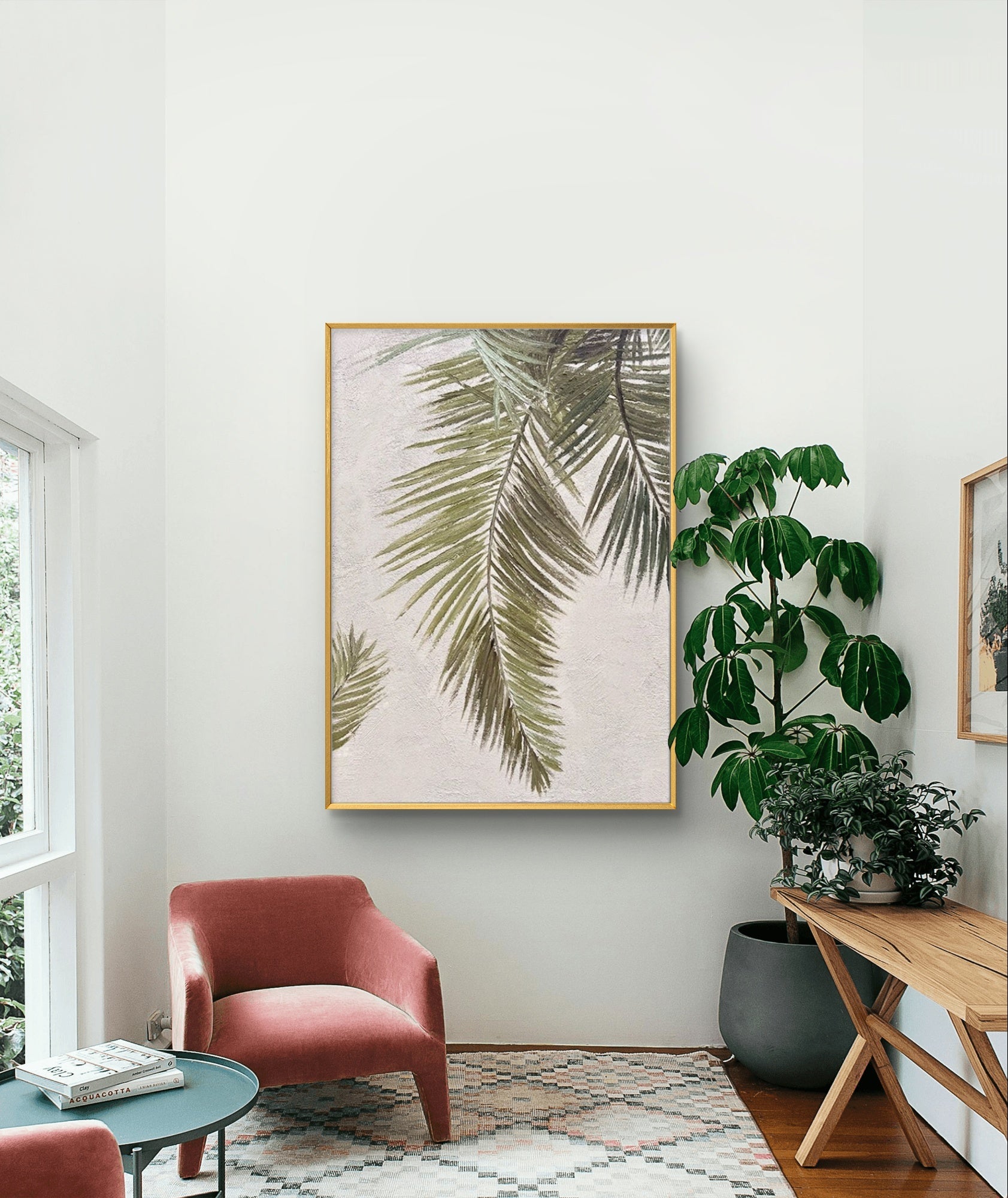Palm leaf oil painting in modern and Wabi-Sabi style, featuring elegant palm leaves with soft green hues, showcasing the lightness and tranquility of nature. The textured background adds depth, creating a fresh and natural atmosphere. Ideal for modern