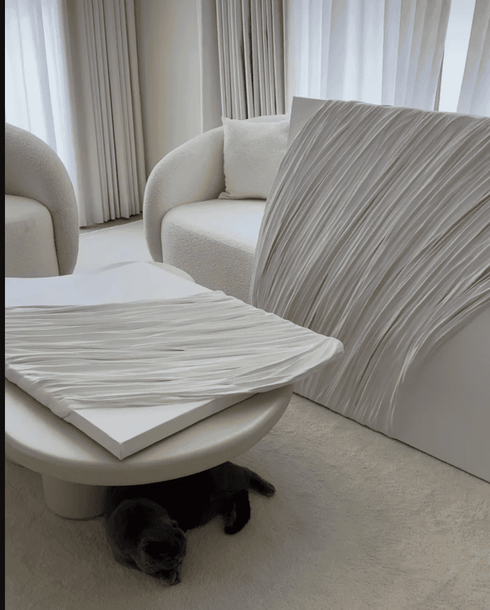 Custom 3D textured collage wall art in modern white living room with cat, Lumi Gallery