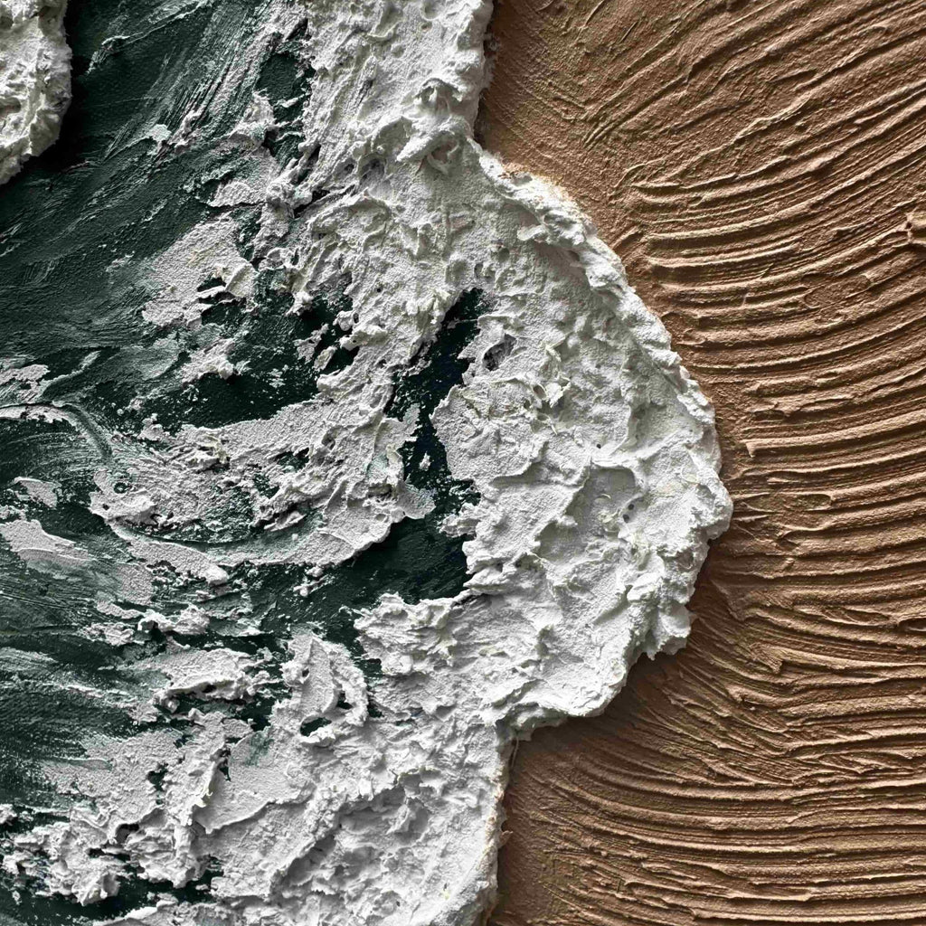 3D textured abstract beach canvas art with white ocean foam, dark green sea, and brown sandy shore in Shoreline Drift