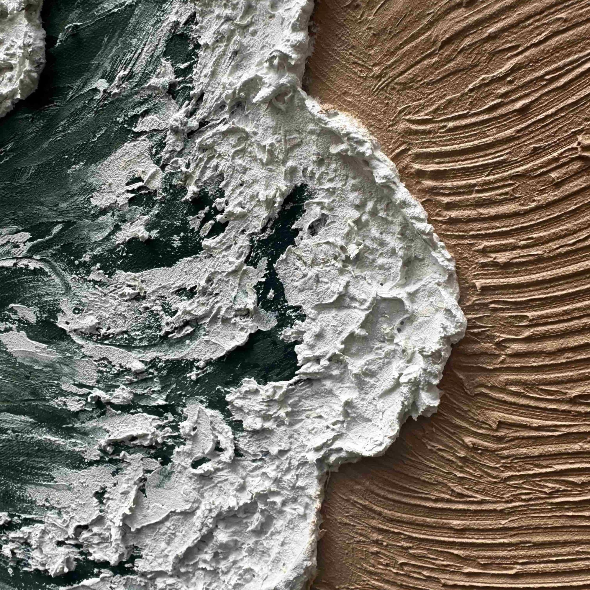 3D textured abstract beach canvas art with white ocean foam, dark green sea, and brown sandy shore in Shoreline Drift