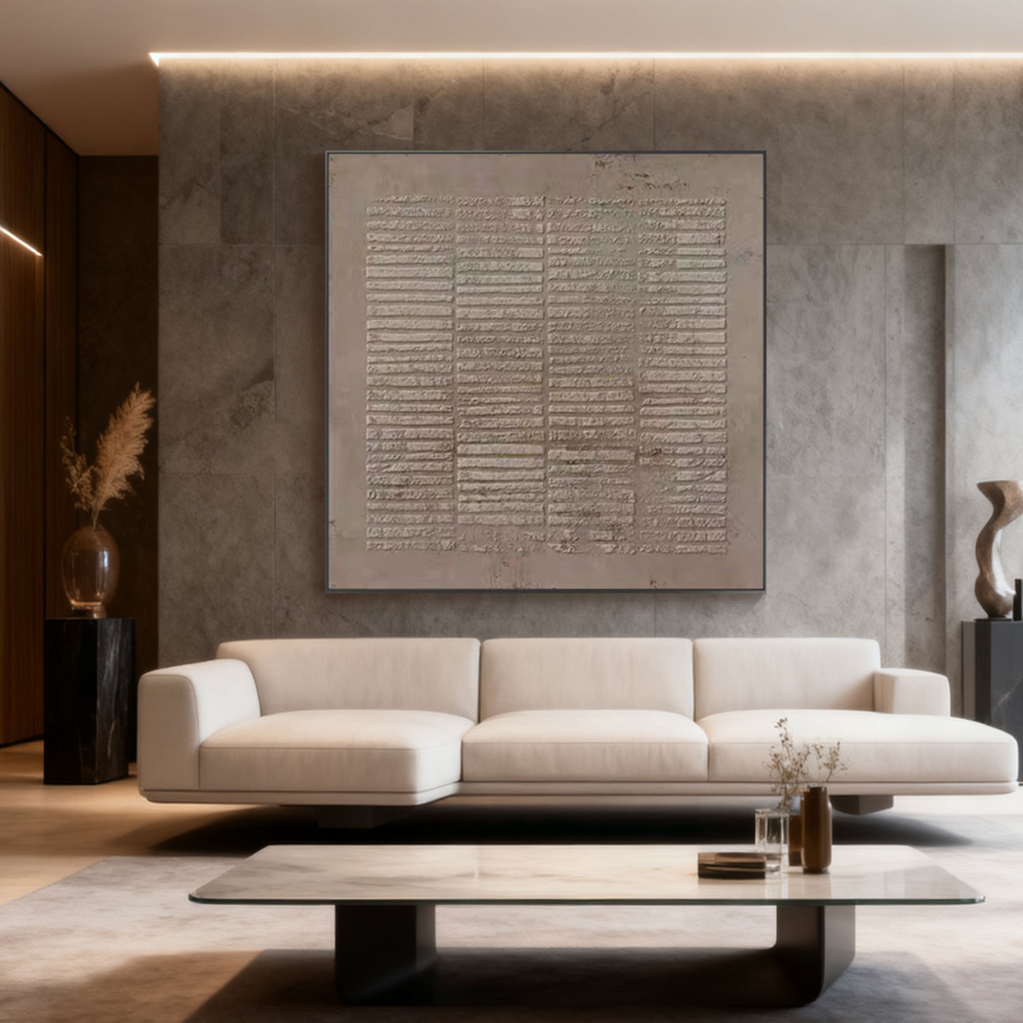 Wabi Sabi Japandi brown beige canvas art featuring textured earthy matrix pattern, displayed in modern living room with white sofa and concrete walls.