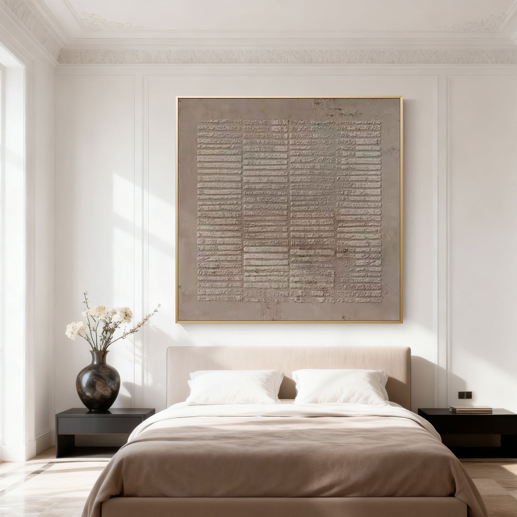 Lumi Gallery's hand-painted Japandi brown beige canvas art 'Earthen Matrix' with textured details above bed in modern bedroom