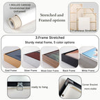 Canvas display guide showing rolled, stretched, and five framed options with hanging hardware
