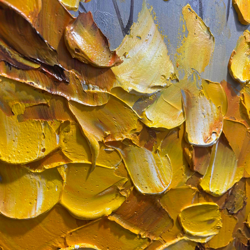 Lumi Gallery's Golden Drift 3D textured tree canvas art with thick yellow/orange paint application