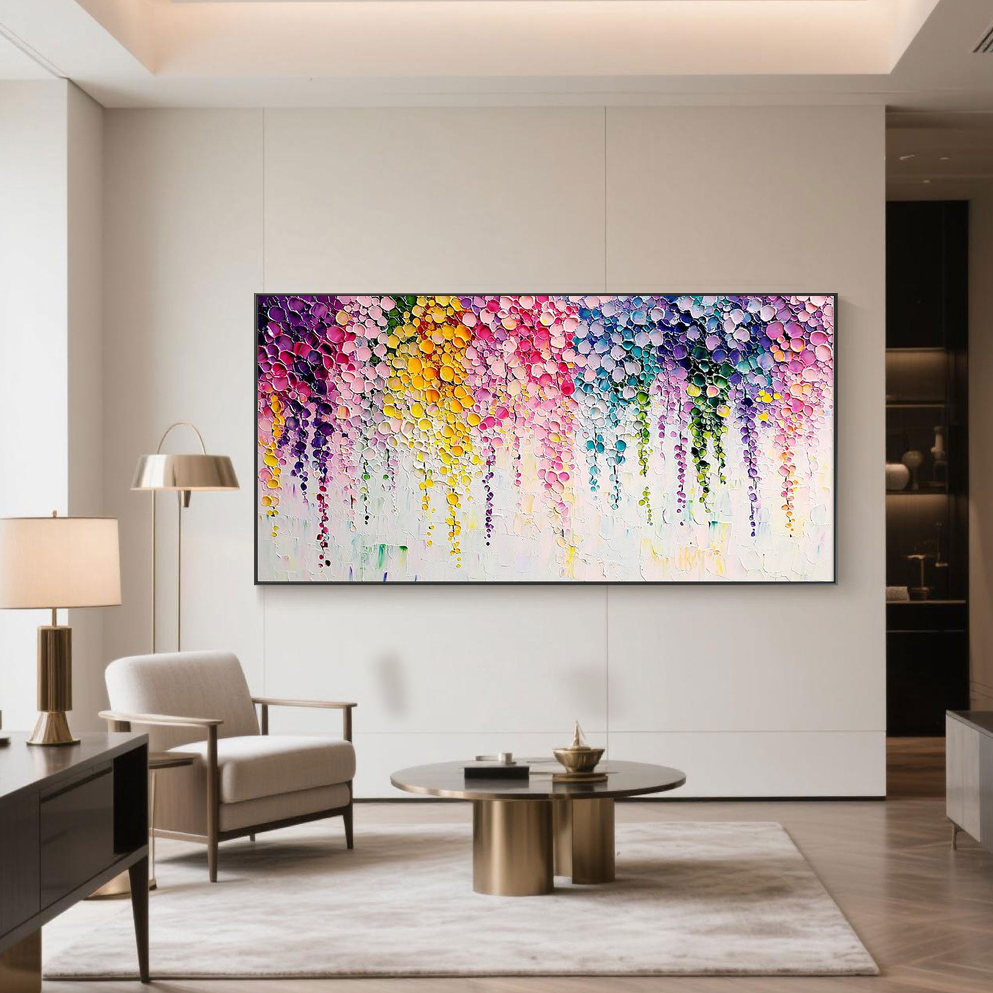Hand-painted colorful abstract floral painting with textured impasto petals in pink, yellow, green, and purple, on a horizontal canvas for bright modern interiors.