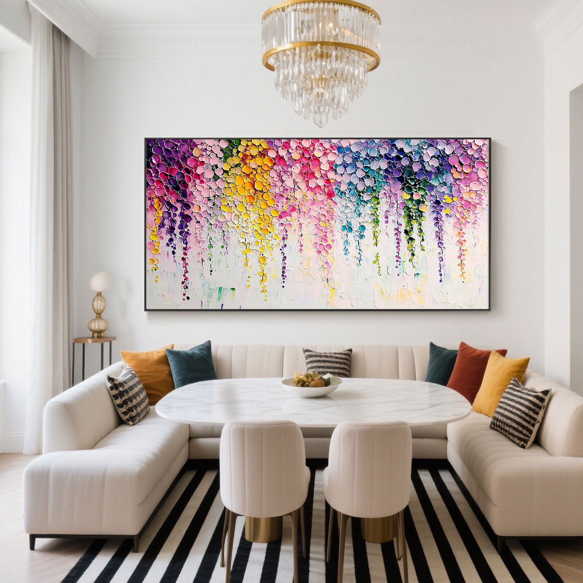 'Chromatic Rain' abstract floral art in a modern dining room setting.