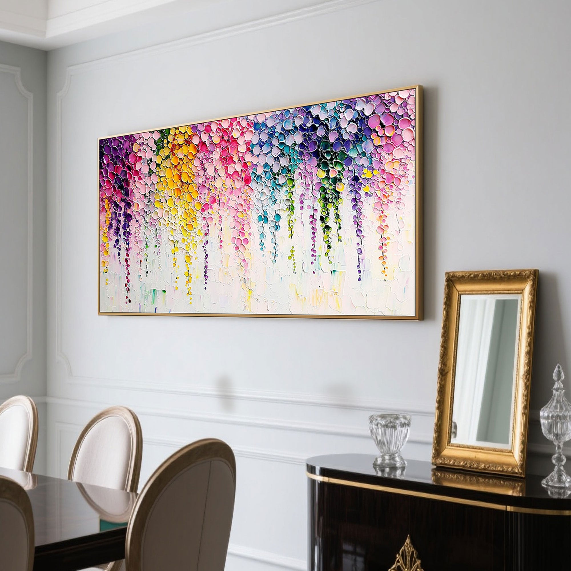 Hand-painted 'Chromatic Rain' floral art with gold frame in formal dining room.