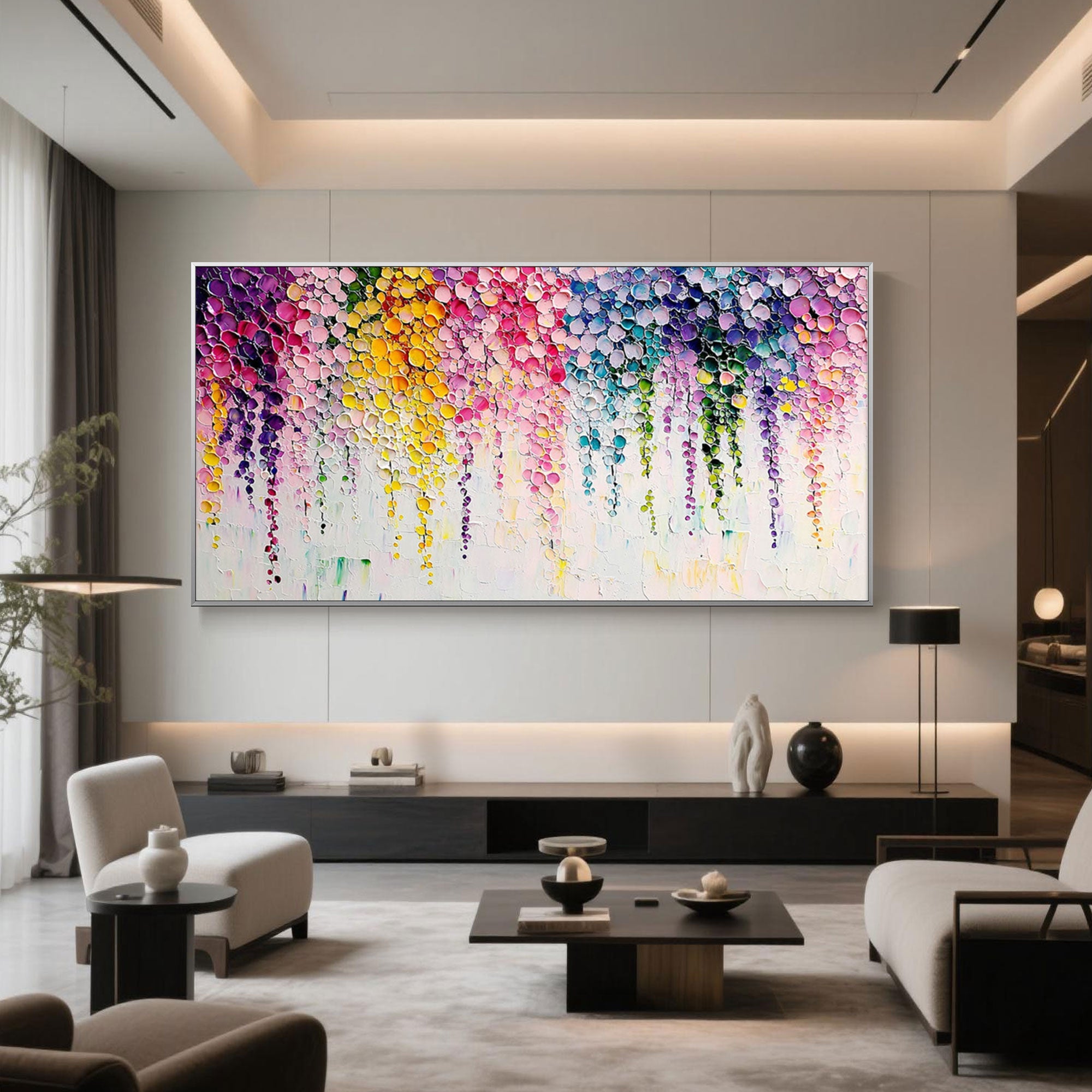 'Chromatic Rain' abstract floral canvas art in modern living room.