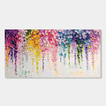 Textured abstract floral art, 'Chromatic Rain' with pink, yellow, purple, and green impasto petals.