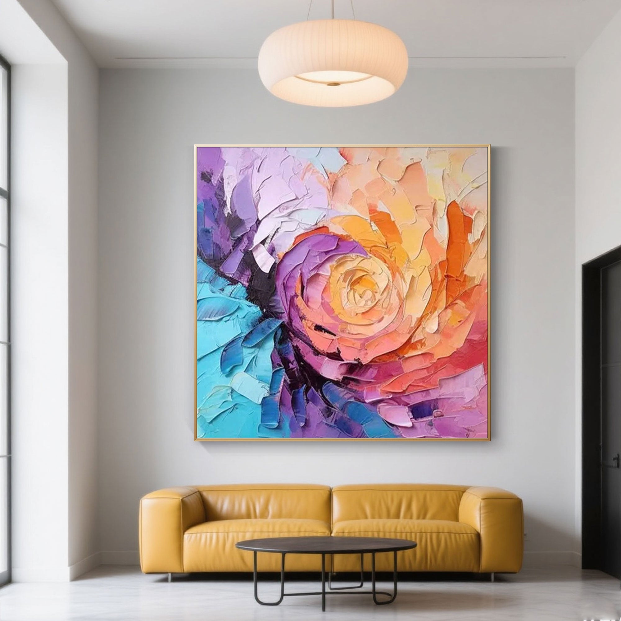 Blossom Rush canvas art with a gold frame displayed above a yellow sofa.