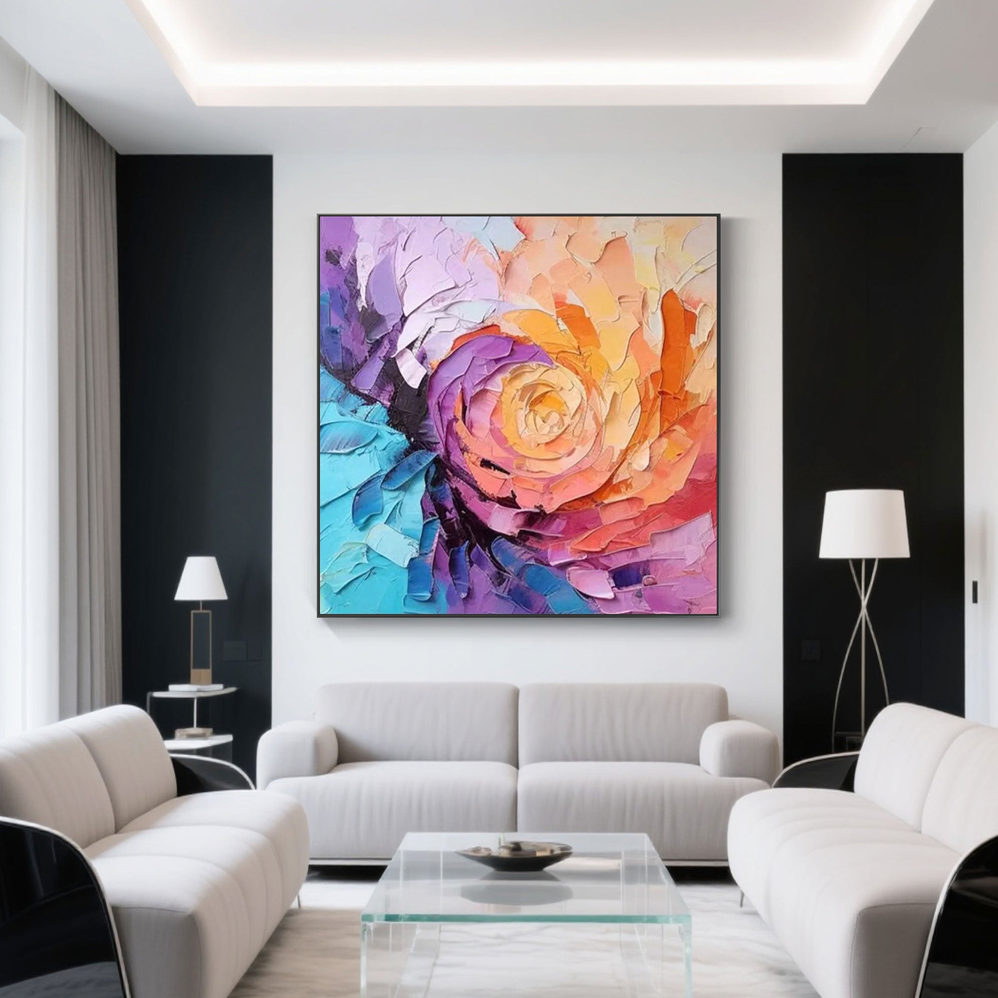 Blossom Rush floral art on a wall with black accents, modern interior decor.