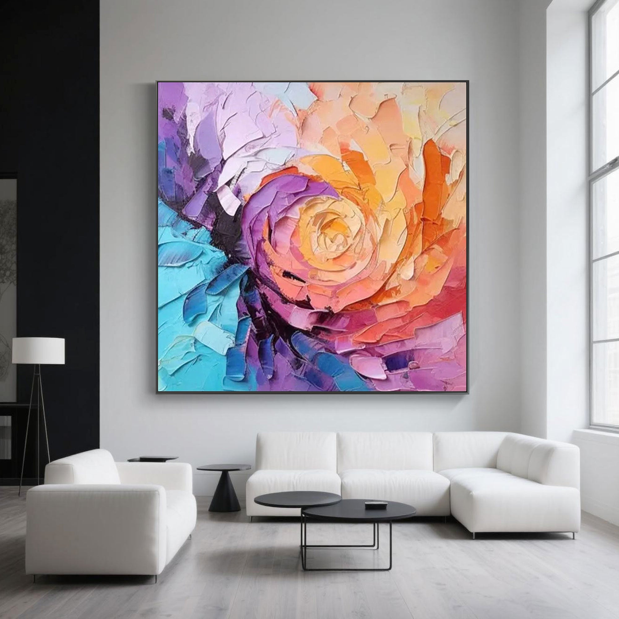 Blossom Rush canvas art above a modern white sofa in a living room setting.