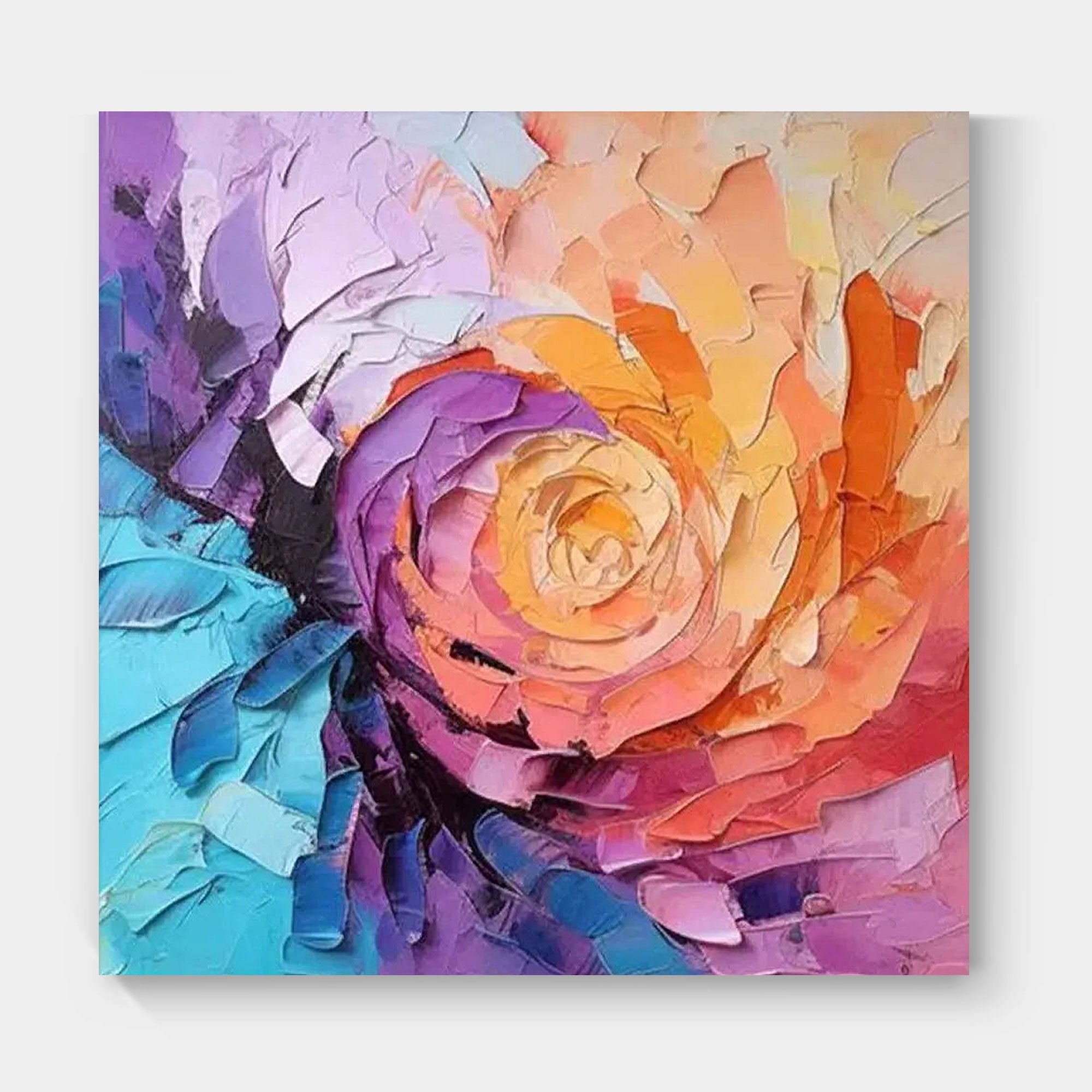 Textured Blossom Rush wall art, close-up of vibrant orange and purple floral.