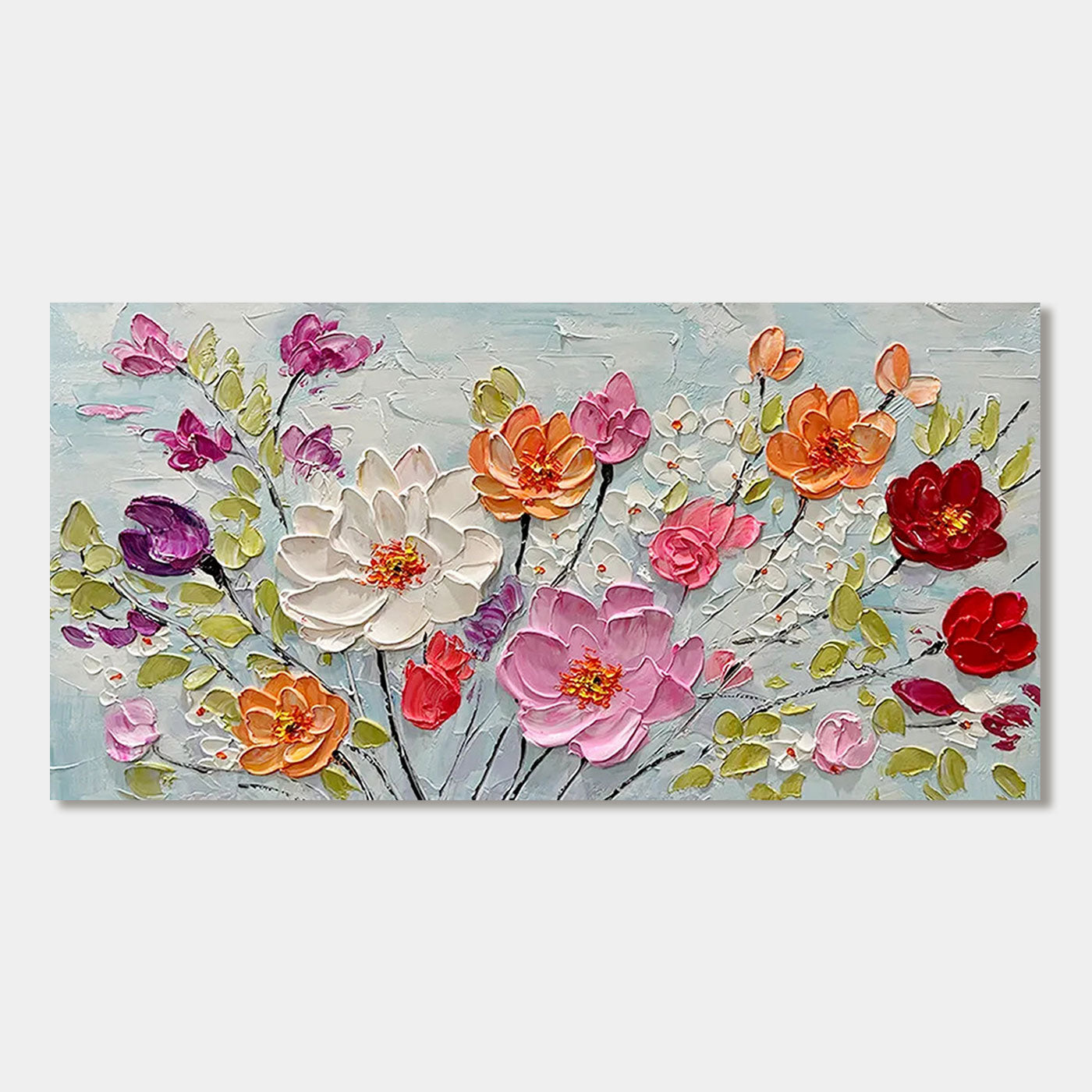 Textured floral wall art, Colorburst design with vibrant pink, orange, and white flowers.