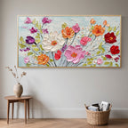 Close-up of Colorburst floral art with gold frame in a home setting.
