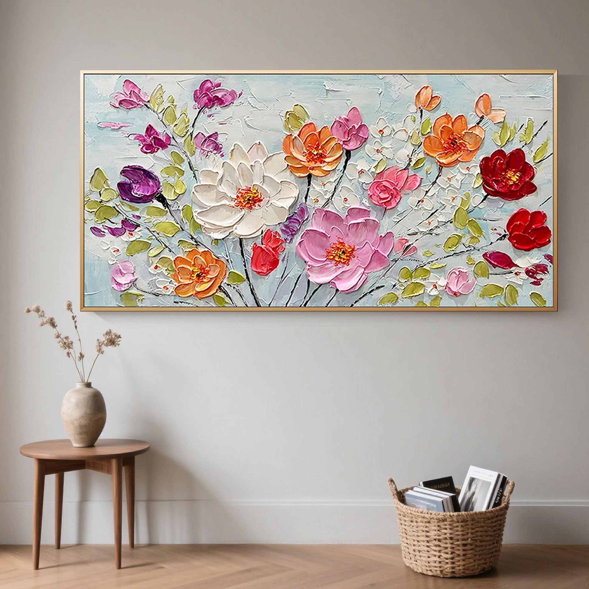 Close-up of Colorburst floral art with gold frame in a home setting.