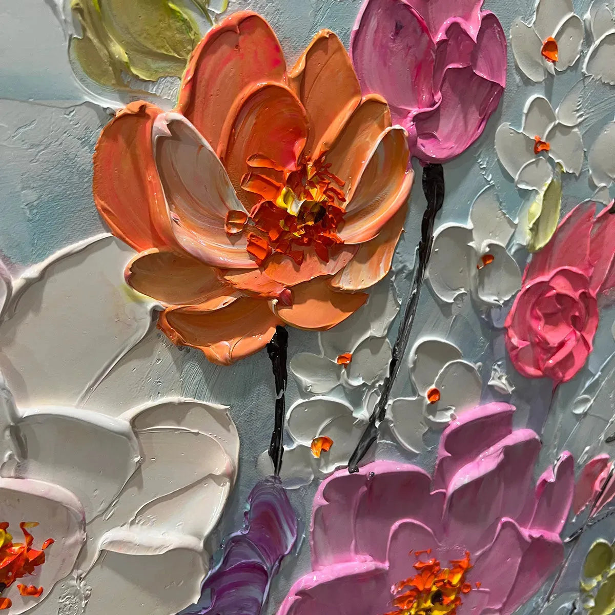 Impasto floral art close-up showing texture and pink, orange, and white blossoms.