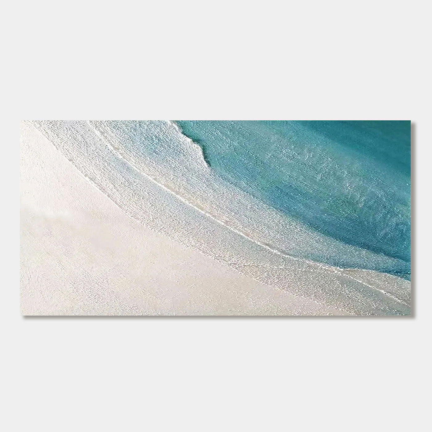 Textured minimalist beach wall art, 'Drift', showing white sand and teal ocean.