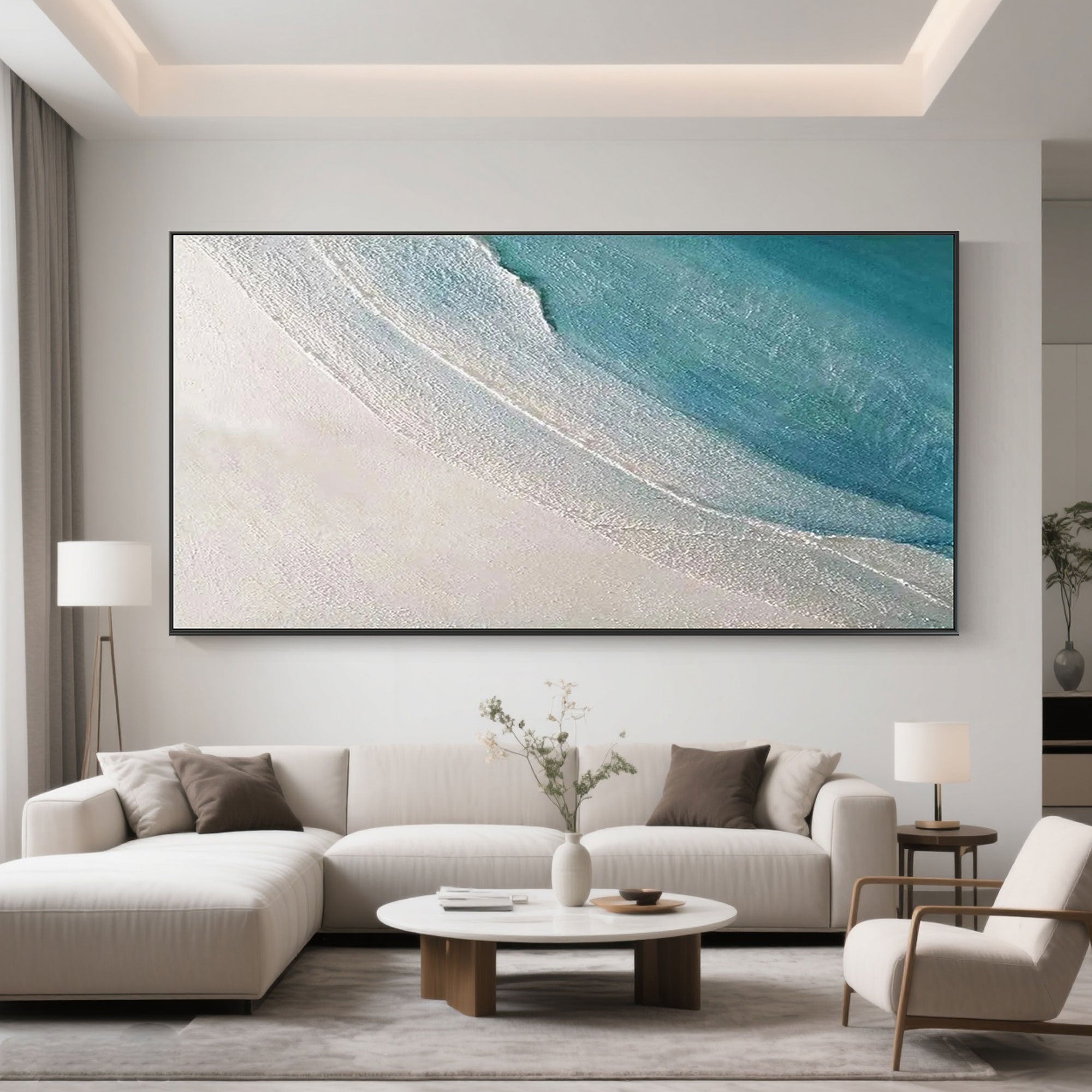 Minimalist beach art 'Drift' in a modern living room setting.
