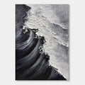 Abstract ocean wave art with thick, textured brushstrokes in black and white.