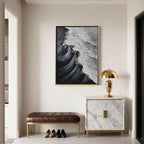 Hand-painted black and white sea painting with 3D textured surface
