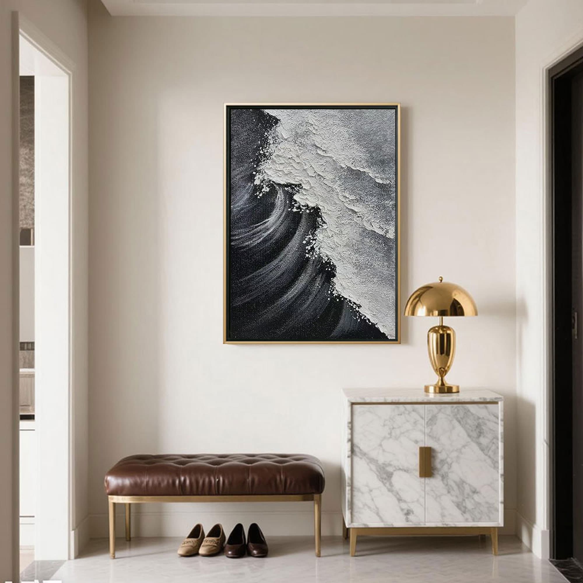 Hand-painted black and white sea painting with 3D textured surface