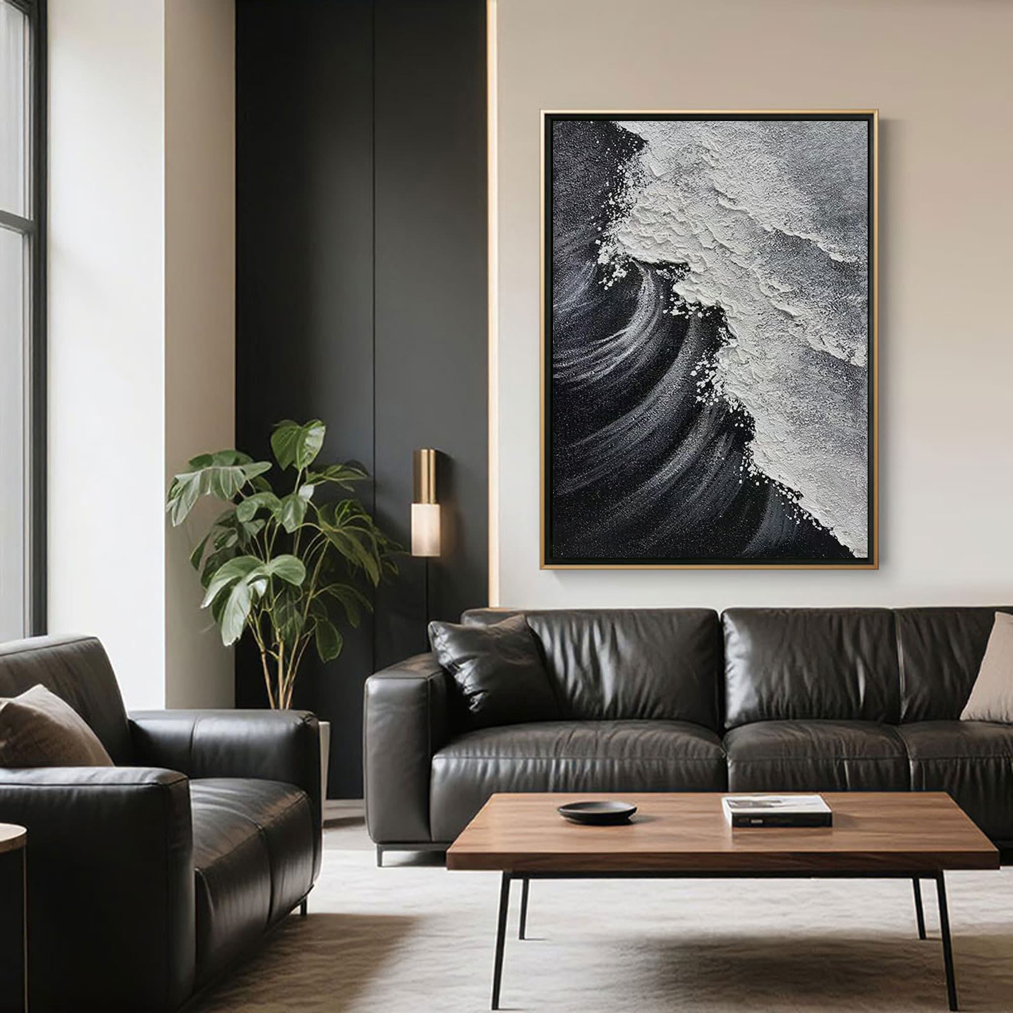 Modern wave painting displayed in a minimalist living room