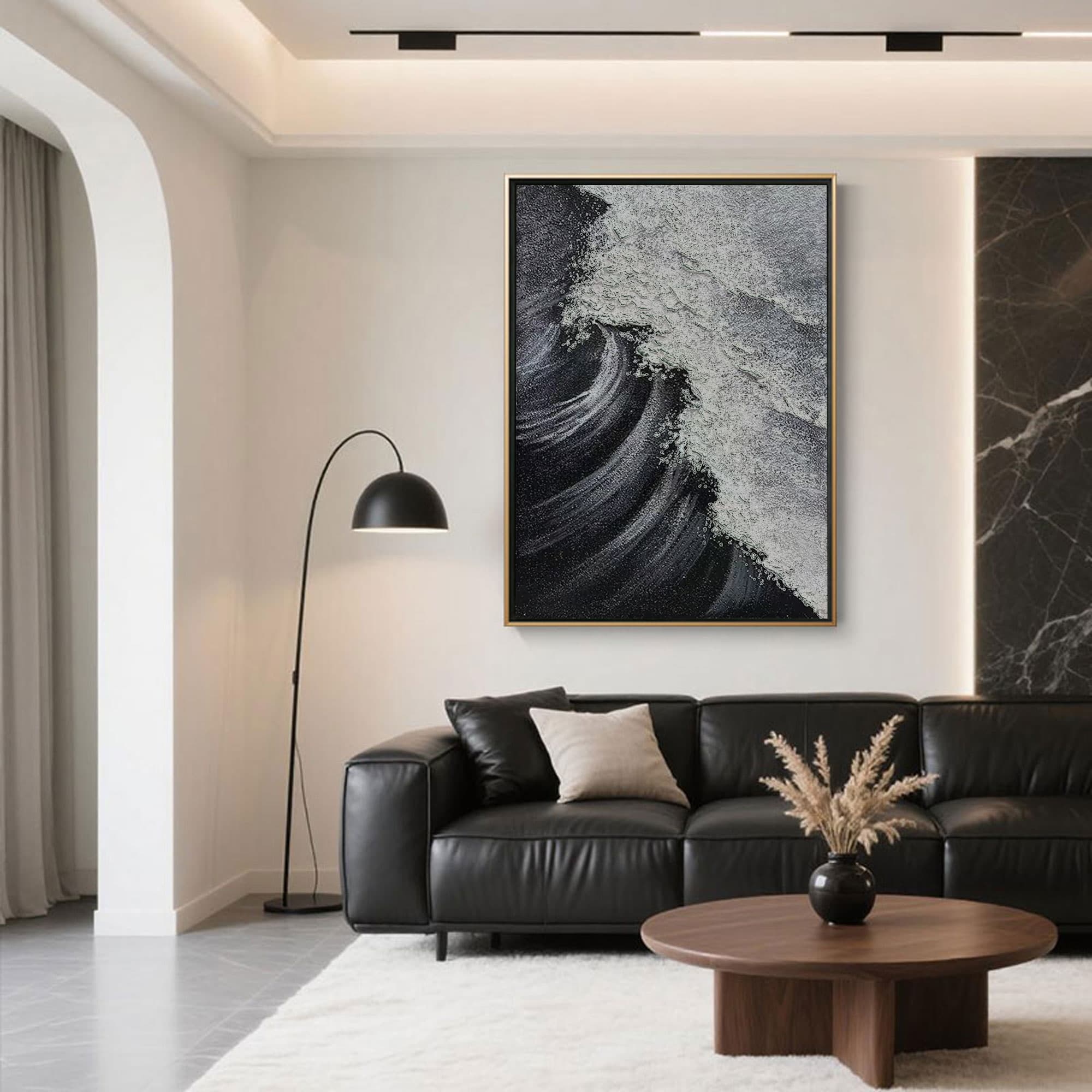 Bold hand-painted wave artwork framed for office wall