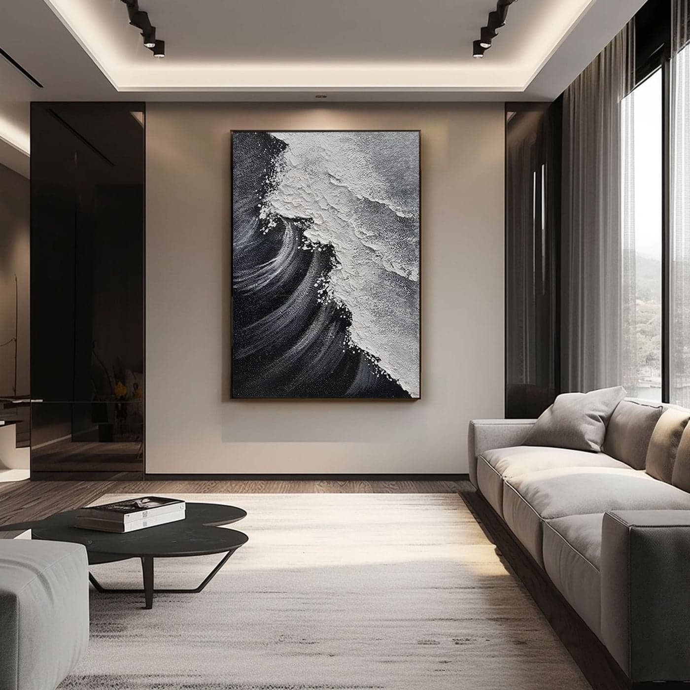 Vertical canvas art with abstract ocean waves in bold contrast