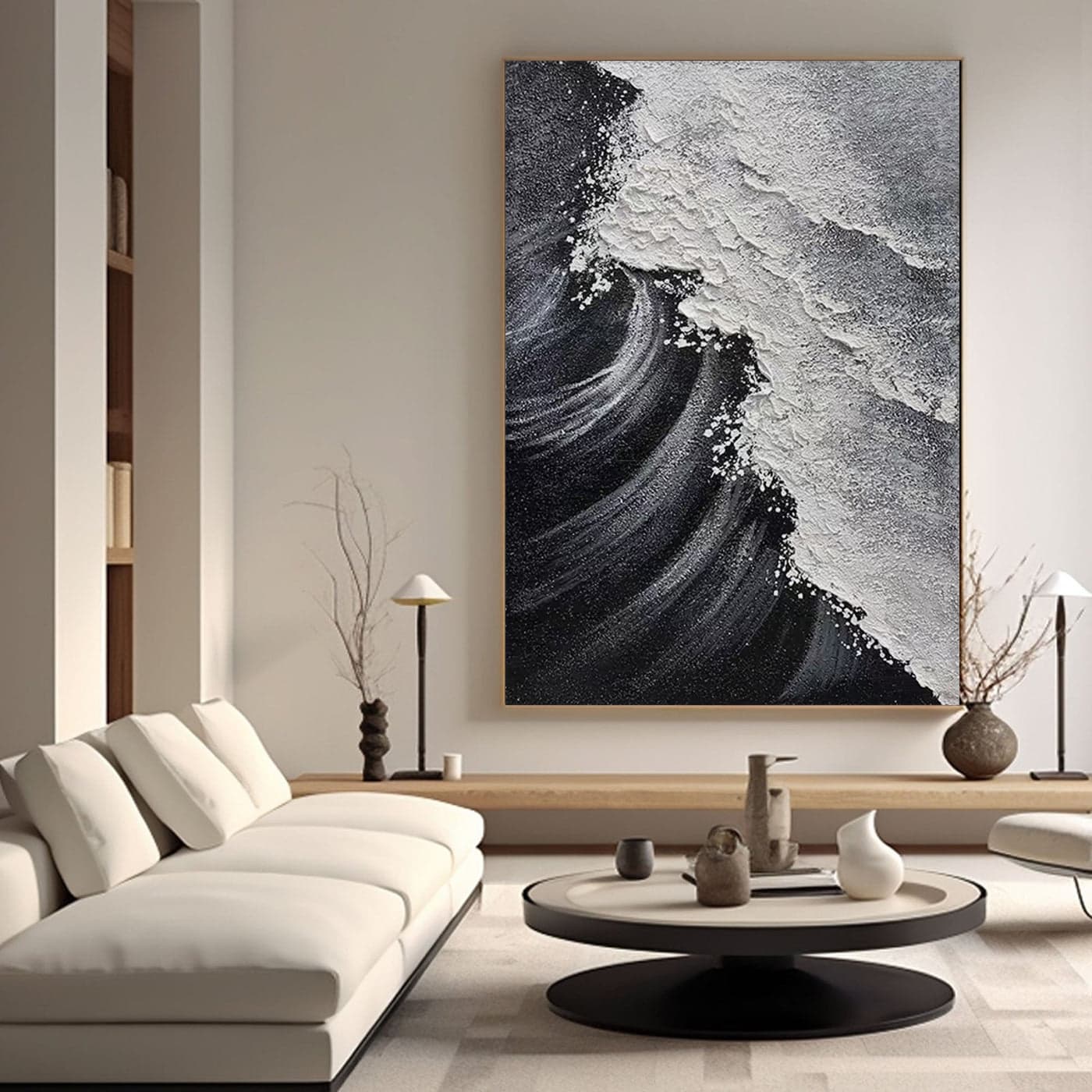 Modern living room featuring textured ocean wave art above a sofa.