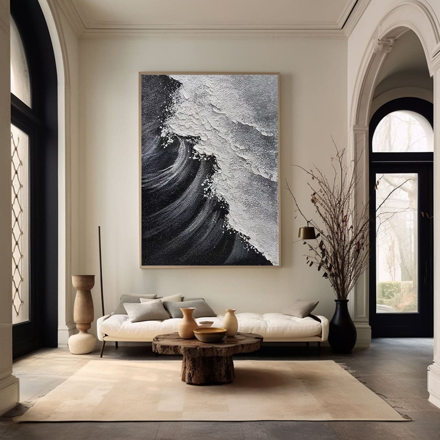 Textured ocean wave art in a modern entryway with neutral tones.