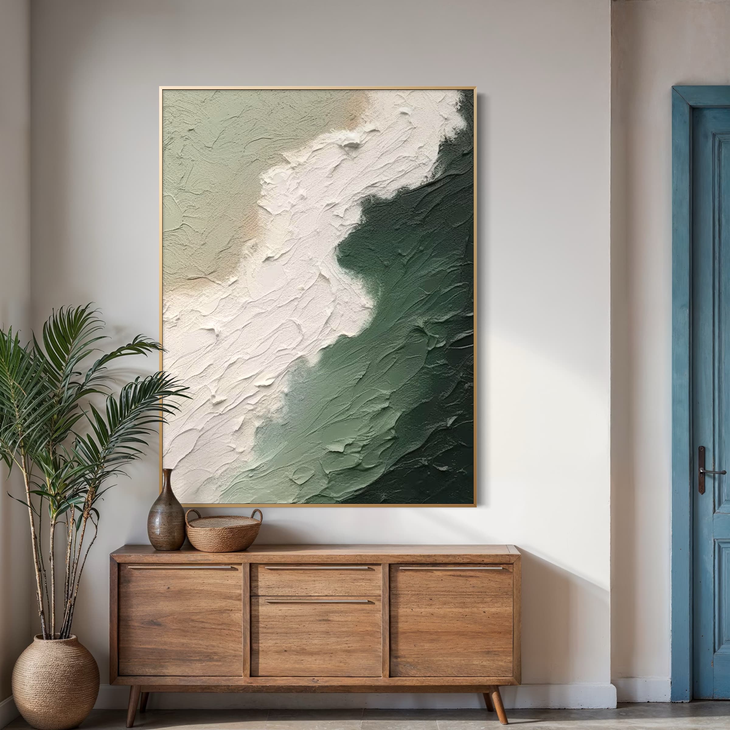 Abstract ocean wall art featuring green textured brushwork
