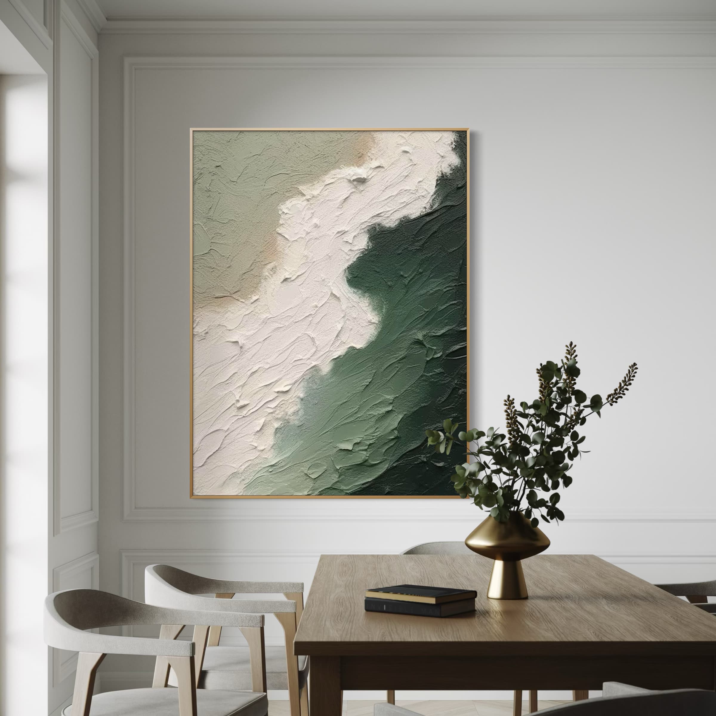 Vertical canvas of minimalist beach art with layered wave texture