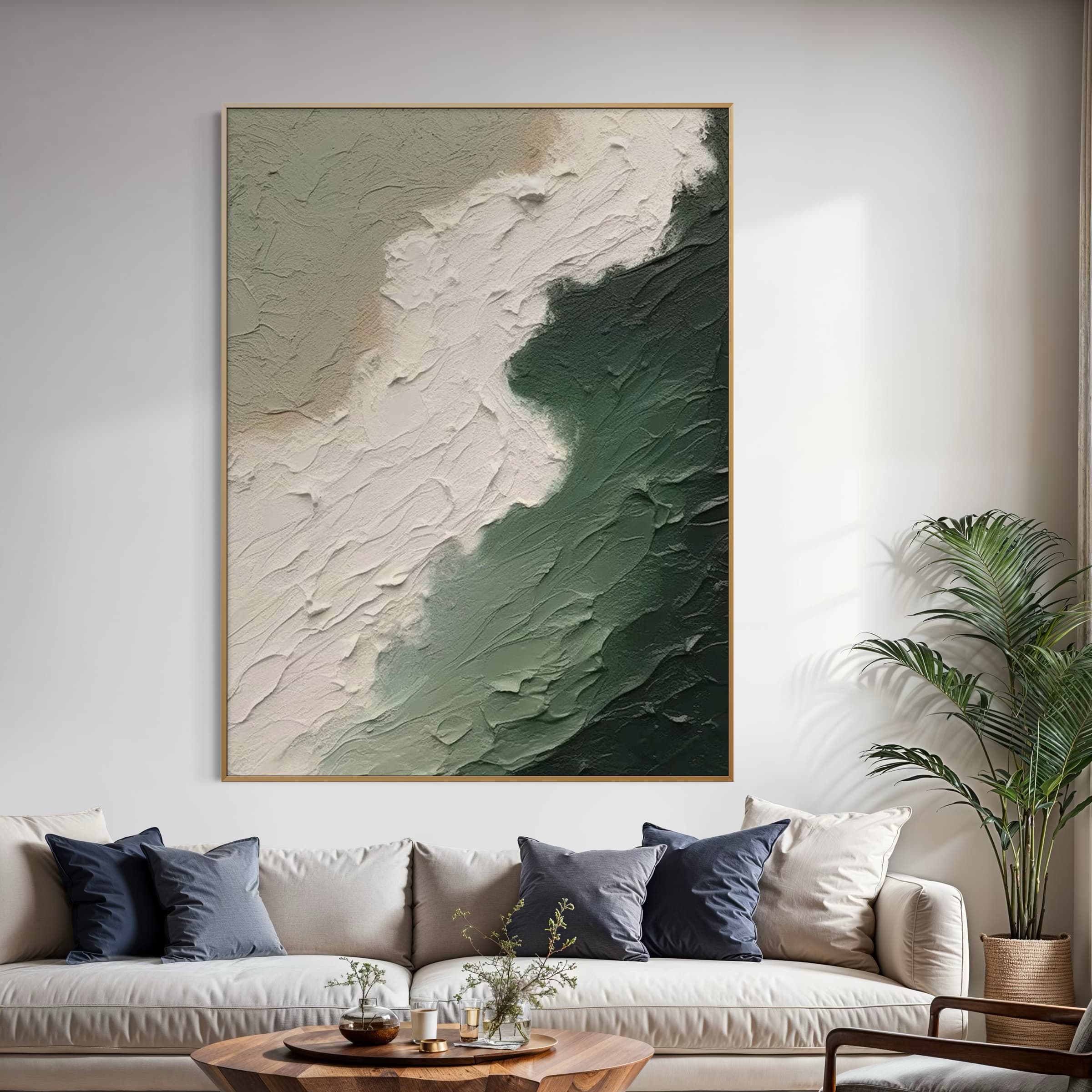 Textured seascape wall art with abstract green and white waves