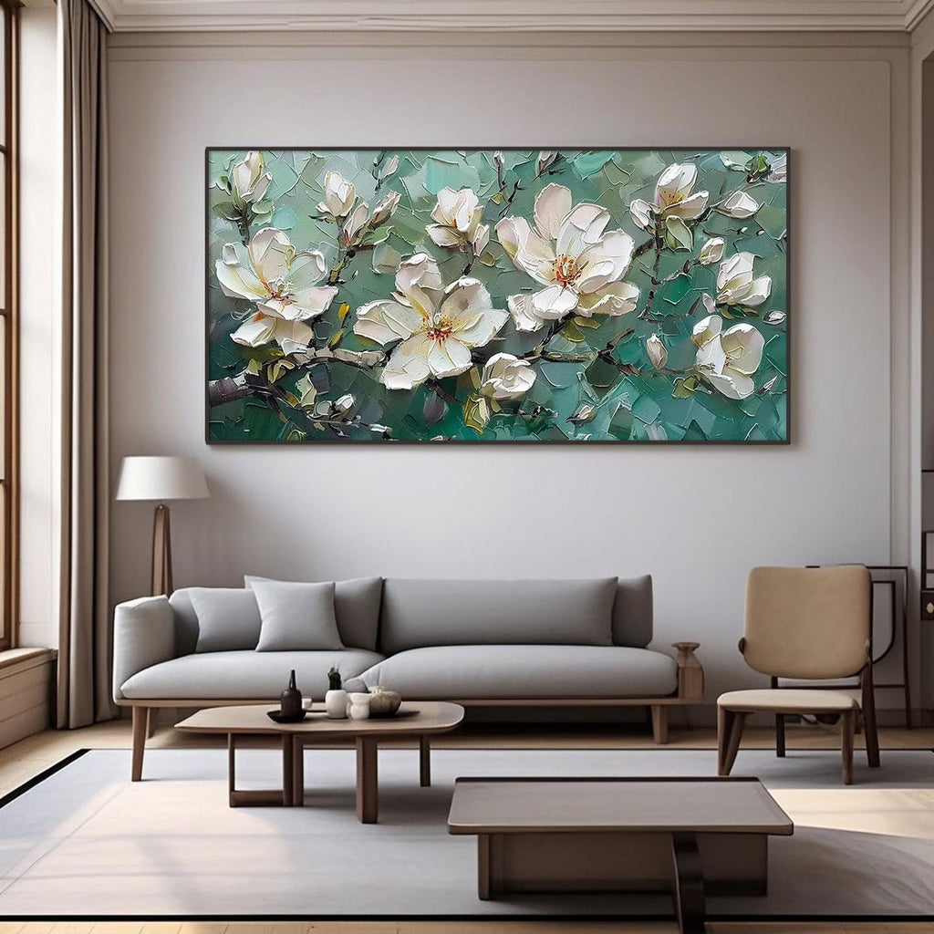 Textured wall art featuring magnolia blooms in elegant home decor